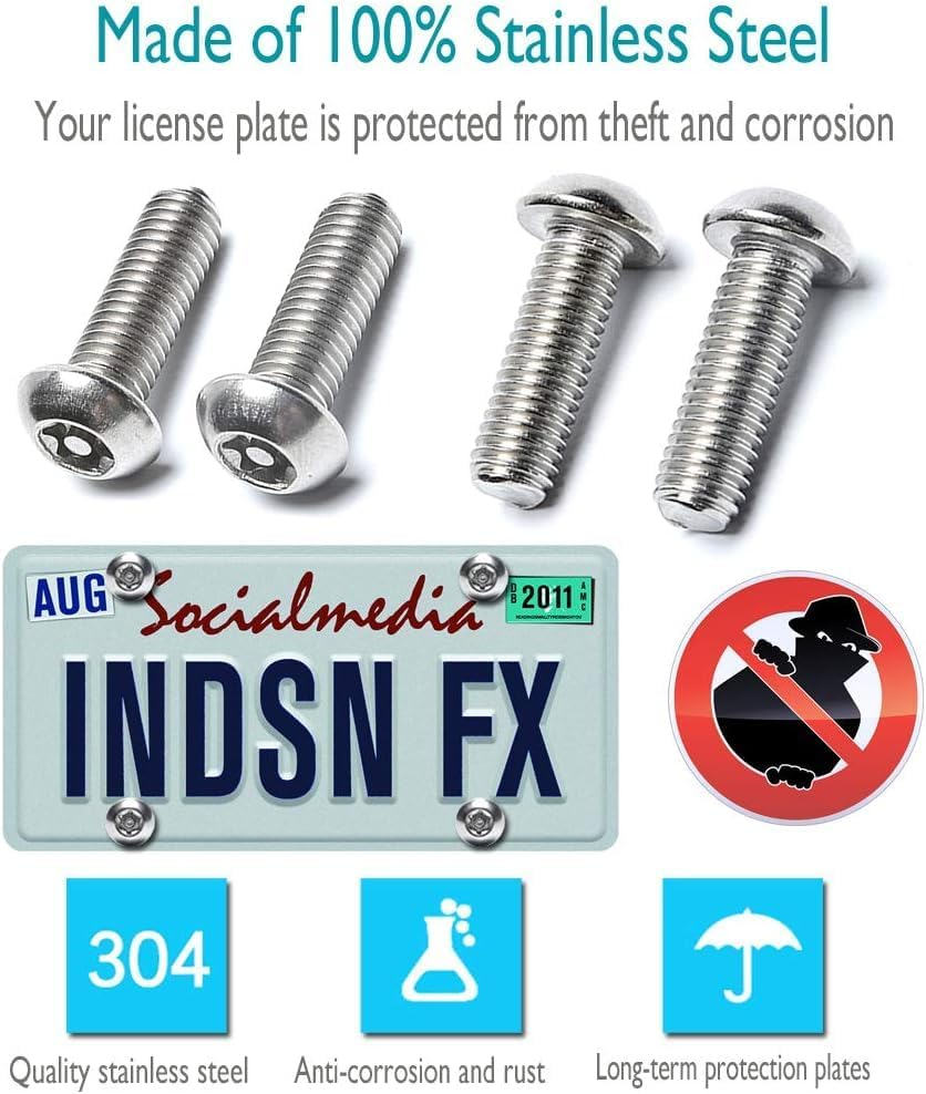 Anti Theft License Plate Screws, Stainless Steel Bolt Fasteners Kits for Car Tag Frame Holder, Tamper Resistant Mounting Hardware, Security Fastener Hardware and Black Caps (Black)