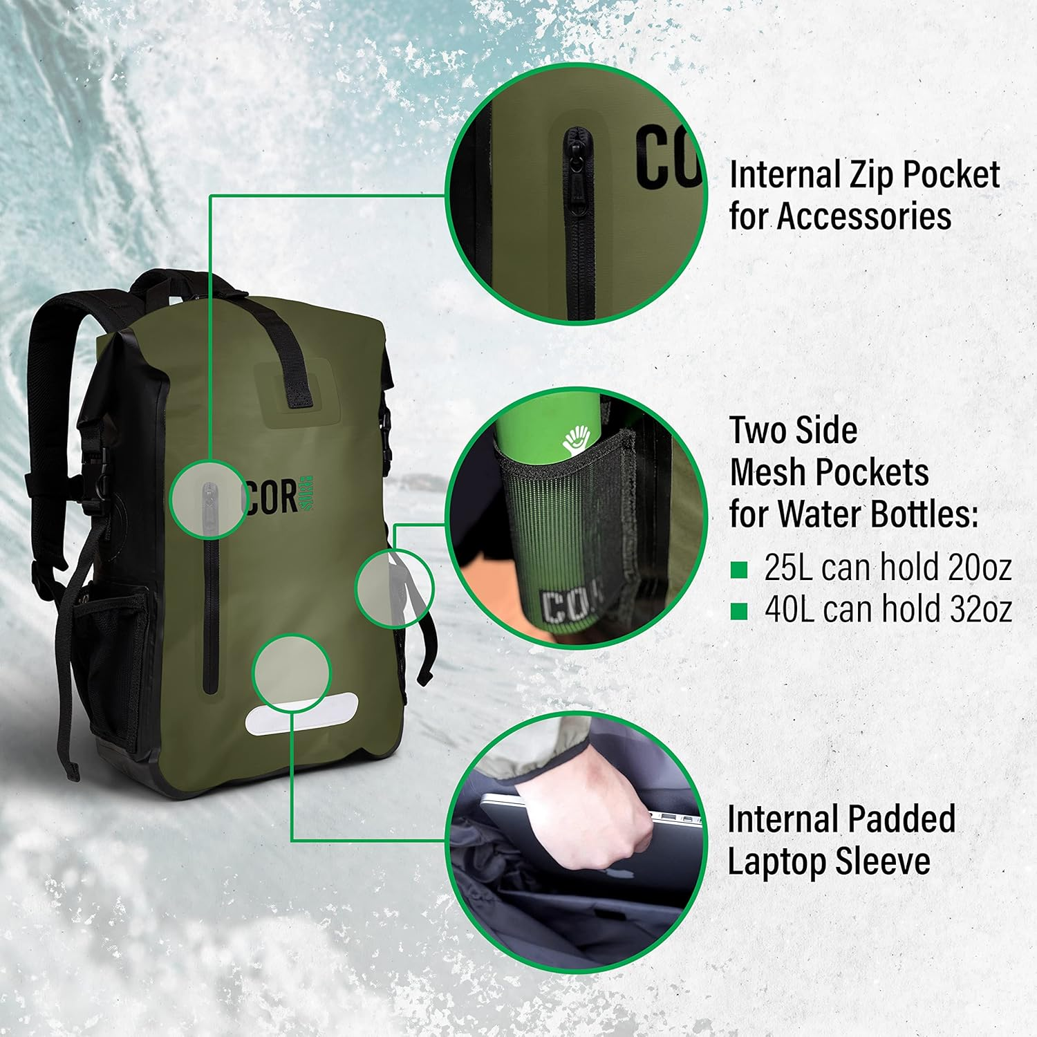 COR Surf Waterproof Dry Bag Backpack with Padded Laptop Sleeve 25L & 40L Heavy Duty Roll-Top Pack image number 4