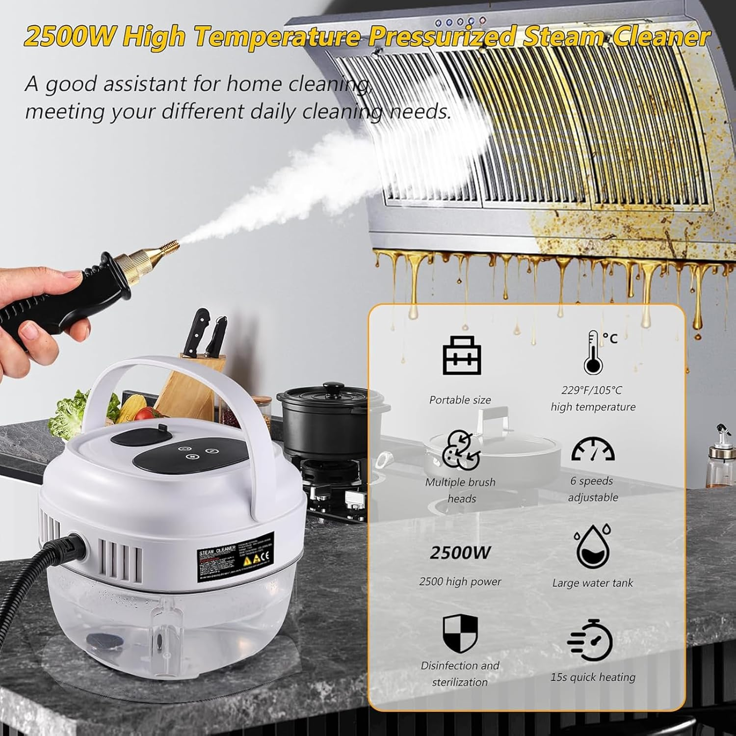 Handheld Steam Cleaner（Au Plug),2500W Pressurized Steamer, Electric Steam Cleaner for Kitchen, Automotive Furniture,Floor and Car Cleaning with 3 Brushes and an Extended Spray Bar image number 5
