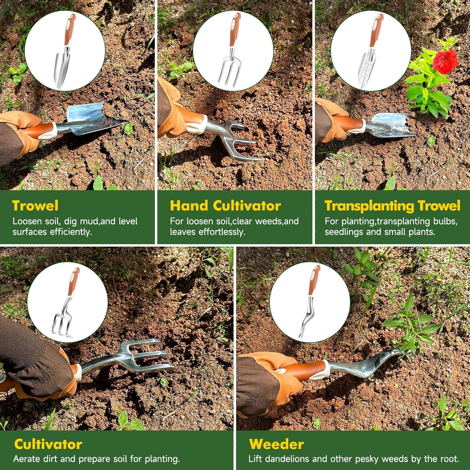 Melonart Garden Tool Set,10 Pcs Heavy Duty Gardening Hand Tool Kit for Women Aluminum with Non Slip Ergonomic Handle, Storage Tote Bag and Gardening Gloves, Ideal Gifts for Women and Men image number 4