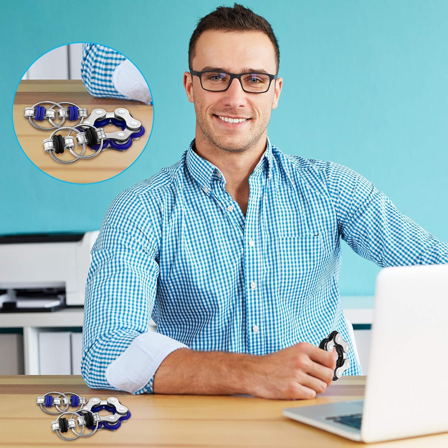 4 Pieces Fidget Toy Set Includes 2 Pieces Key Flippy Chain Stress Reducers and 2 Pieces Six Roller Chain Fidget Toy for Adults and Teens Stress and Anxiety Relief (Blue, Black) - Black,Blue image number 1