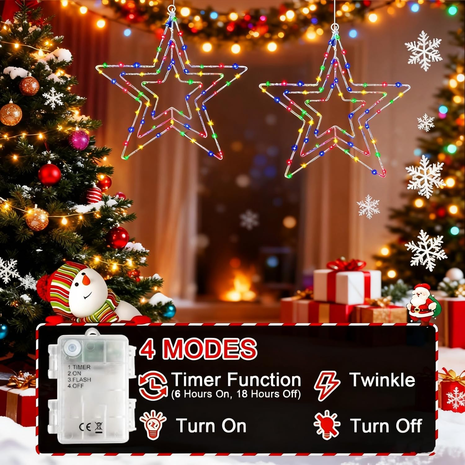 Joysing Christmas Decoration Window Pack of 2 Christmas Star Window Battery Operated with Timer, LED Star Waterproof Christmas Lighting 3-In-1 Luminous Star for Indoor Outdoor Christmas Decoration image number 2