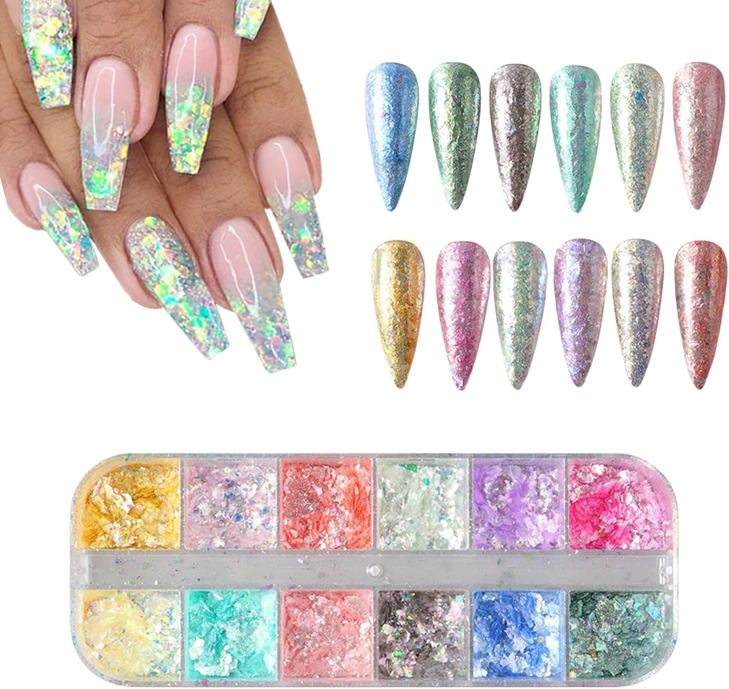 Holographic Nail Glitter,1Boxes 12Grids Nail Flakes Aurora Iridescent Irregular Paillettes,Mermaid Bright Colorful Ice Foil Nail Sequins for DIY Nail Art Decoration Shining Flakes