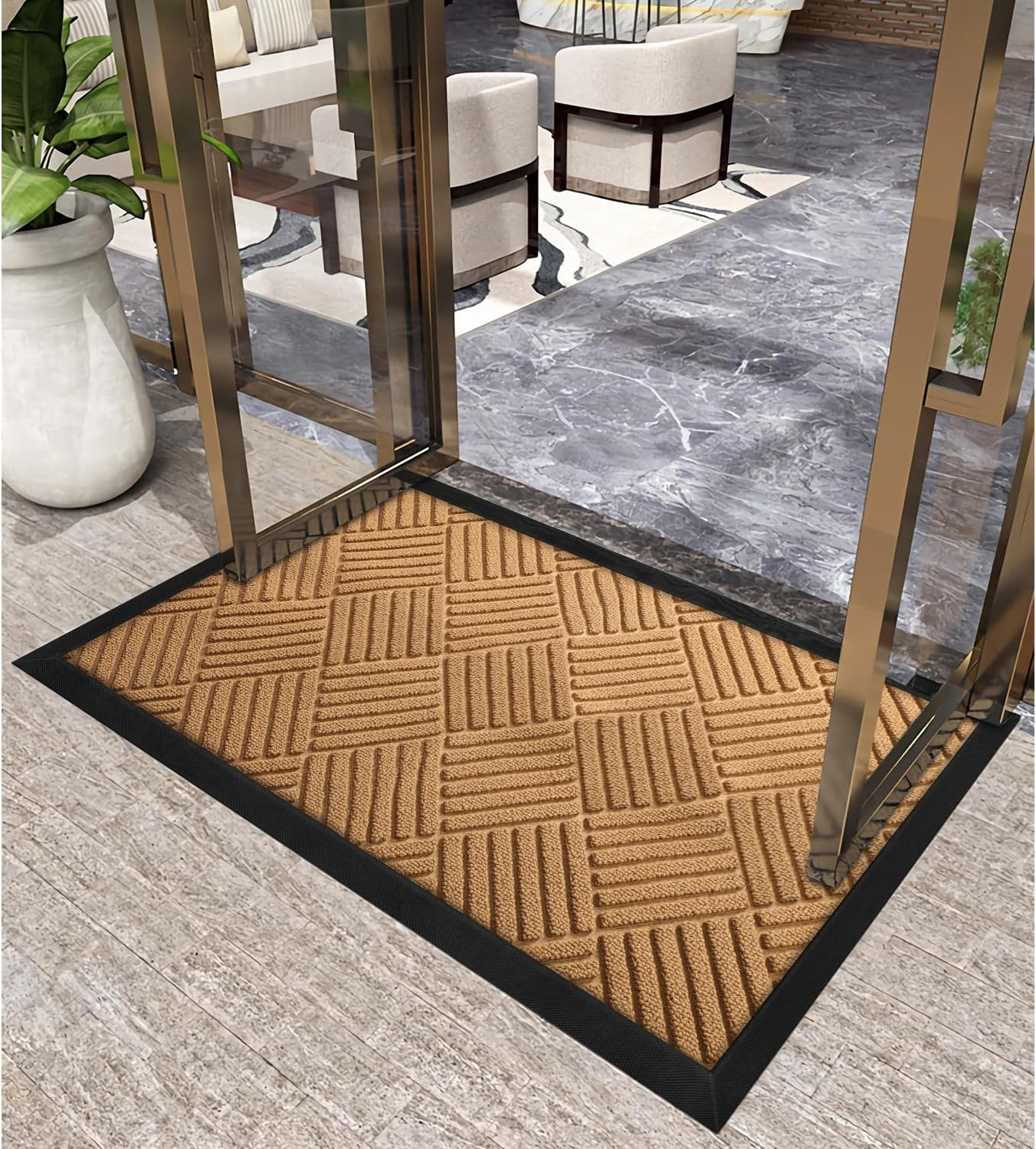 AAZZKANG Front Door Mat Non Slip Low Profile Outdoor Doormat Quick Trap Dirt Easy to Clean Welcome Mats for Entrance,High Traffic Areas,Indoor,Heavy Duty Brown image number 4