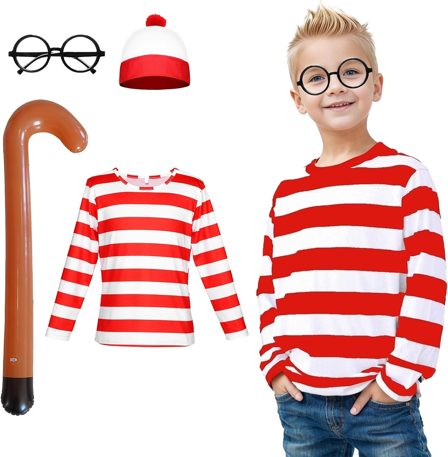 Wally Costume Kids Cosplay Accessories Set for Girls Boy Red and White Striped T Shirt Hat Glasses Walking Stick Socks Book Day Costumes