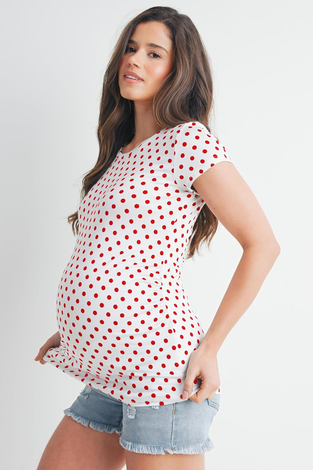 Women'S Short Sleeve Crewneck Shirt Ruched Polka Dot Maternity Top image number 3