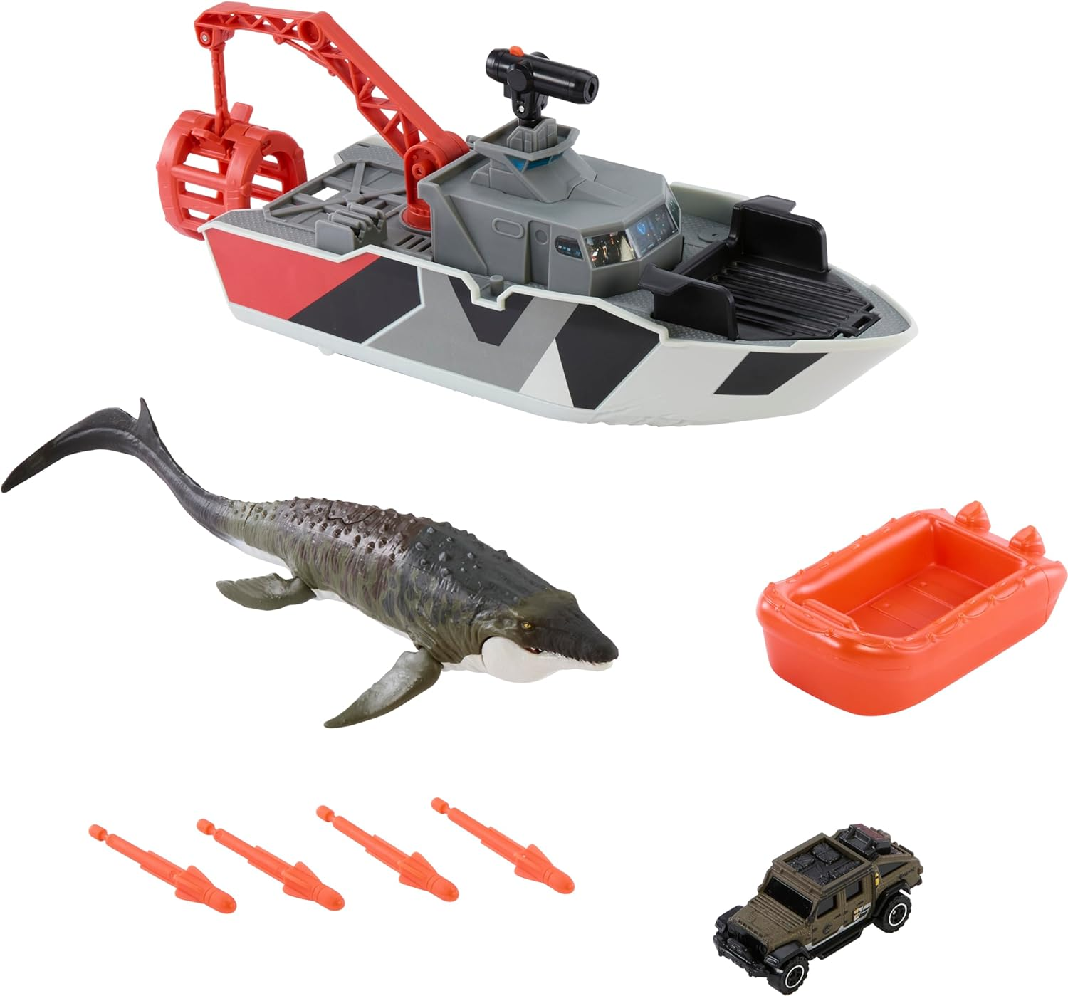 Mattel Matchbox Toy Car Playset, Jurassic World 12.5&rdquo; Dino Boat with 13&rdquo; Mosasaurus Dinosaur, 1:64 Die-Cast Jeep, Harpoon Missiles & Detachable Rescue Boat image number 2