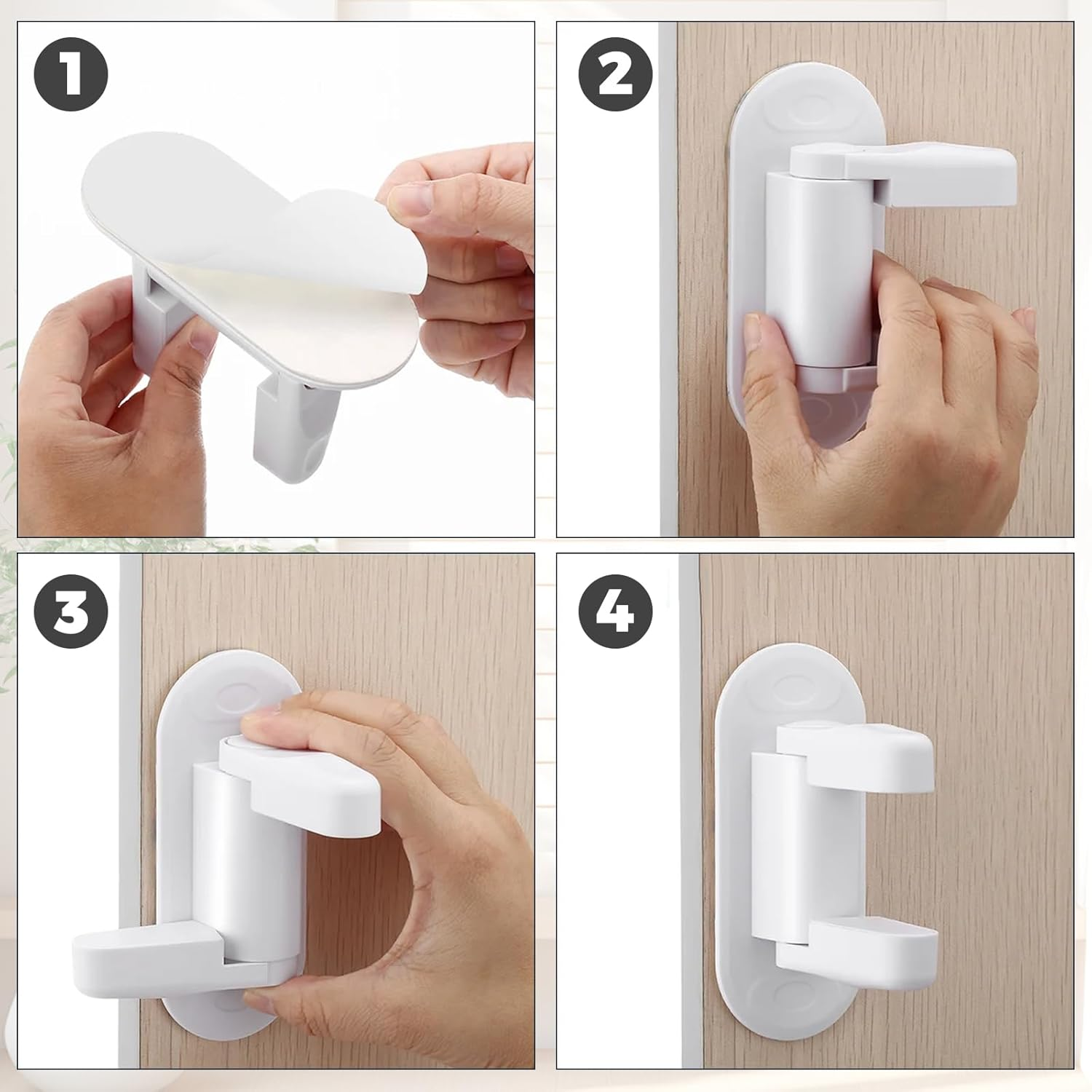 Woobroo Door Lever Safety Lock, 2 Pack Doors Handle Locks without Drilling for Child-Proof & Pet-Proof, Heavy-Duty 3M Adhesive Tape, No Tools Required, White image number 1