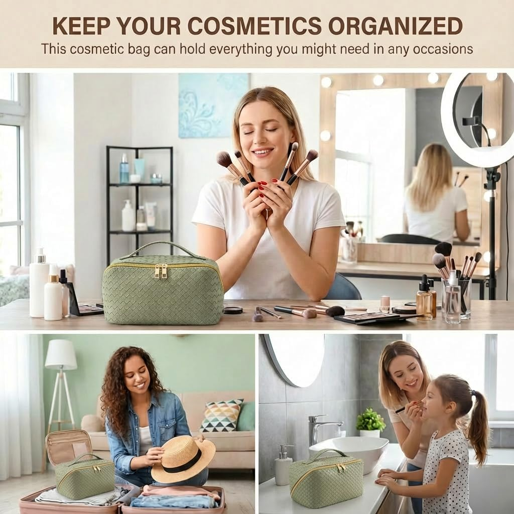 Large Capacity Makeup Bag with Handle & Dividers | Wide-Open Waterproof Travel Cosmetic Organiser for Women Toiletry Bag for Makeup Brushes & Beauty Essentials (Green) - Black image number 4