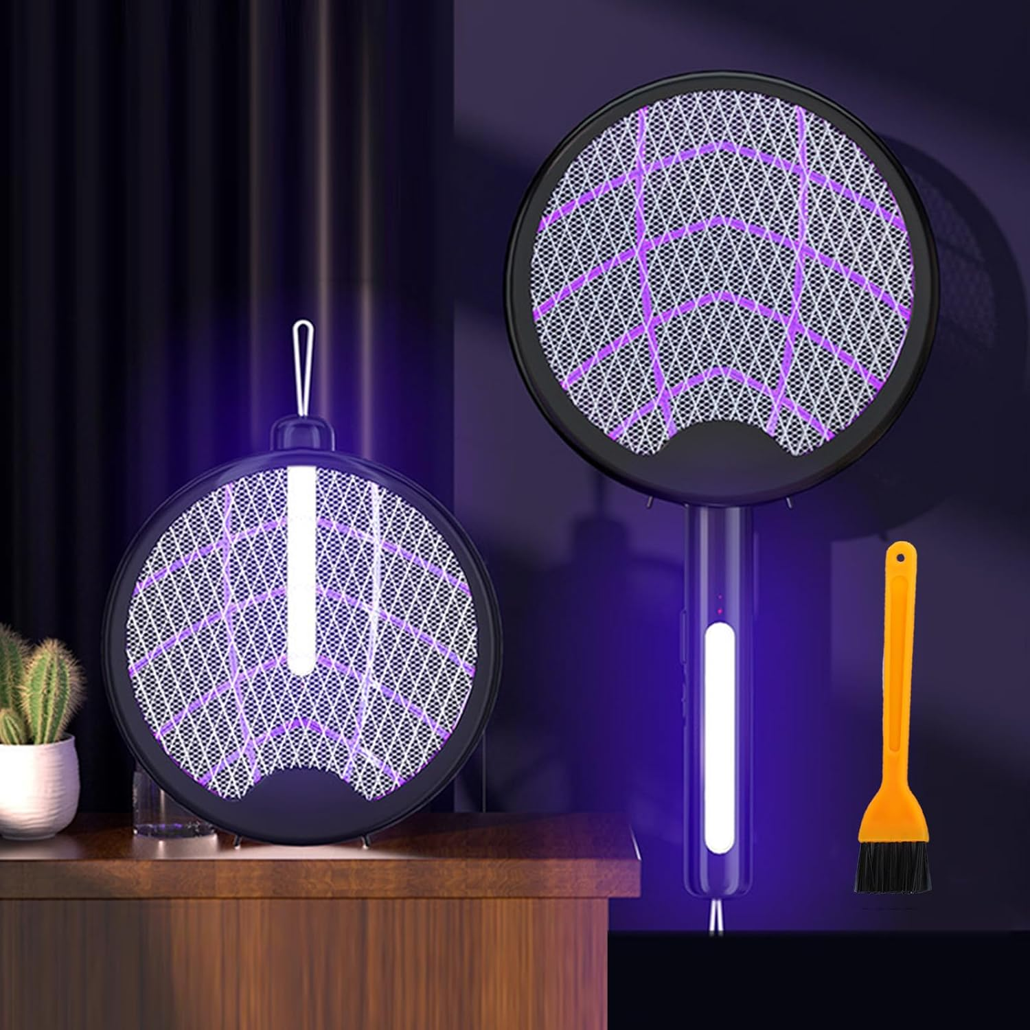 Electric Fly Swatter Racket Type-C Rechargeable Bug Zapper Racket 3 in 1 Foldable Mosquito Zapper with Mosquito Lure Lamp Beads 1200Mah Battery and Brush for Indoor Outdoor SH0062 (Black)