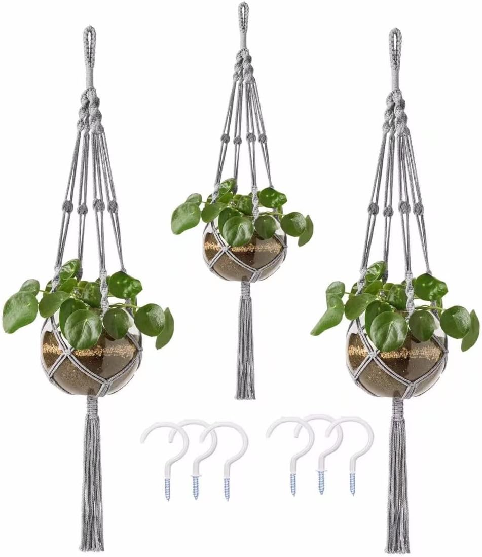 Macrame Plant Hanger 3 Pack Indoor Outdoor Hanging Planter Basket Rope 41 Inch Wall Hanging Planters Basket Cotton Rope No Beaded Tassel Ceiling Plant Hanger with 6 Hooks Boho Home Terrace Decor -Grey