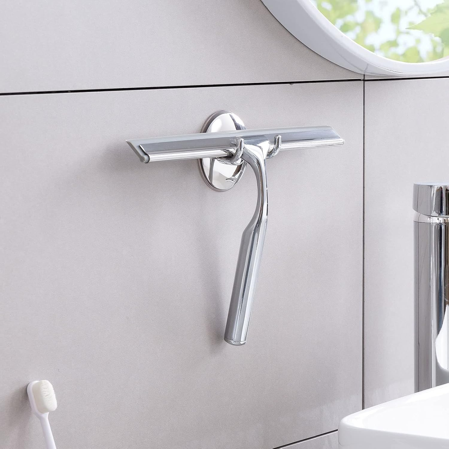 10 Inch Squeegee for Shower Glass, Black Shower Squeegee with Adhesive Hooks Heavy Duty, Non-Slip Long Handle, Spare Blade, All-Purpose Squeegee Cleaning for Bathroom Doors Car Window (Silver)