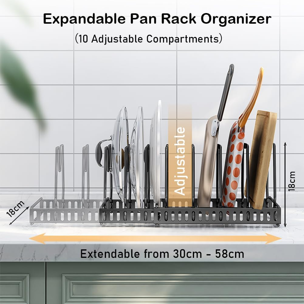 Pot and Pan Organizer for Cabinet with 10 Adjustable Compartments, Expandable Pot Racks, Pot Lid Organizer, Pan Holder Storage Rack for Kitchen Cabinet(Black) image number 3