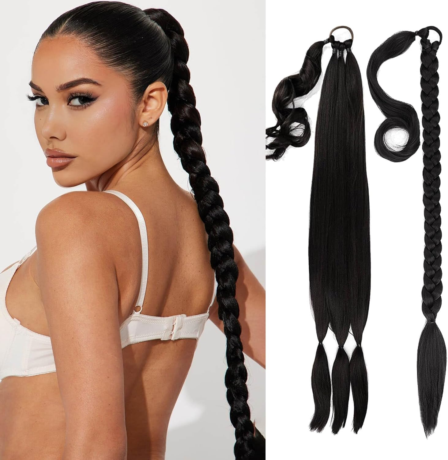 PHOCAS Long Braided Ponytail Extension with Hair Tie 32'' DIY Synthetic Ponytail Hair Extensions Ponytail Hair Pieces for Women Daily Wear(Black)