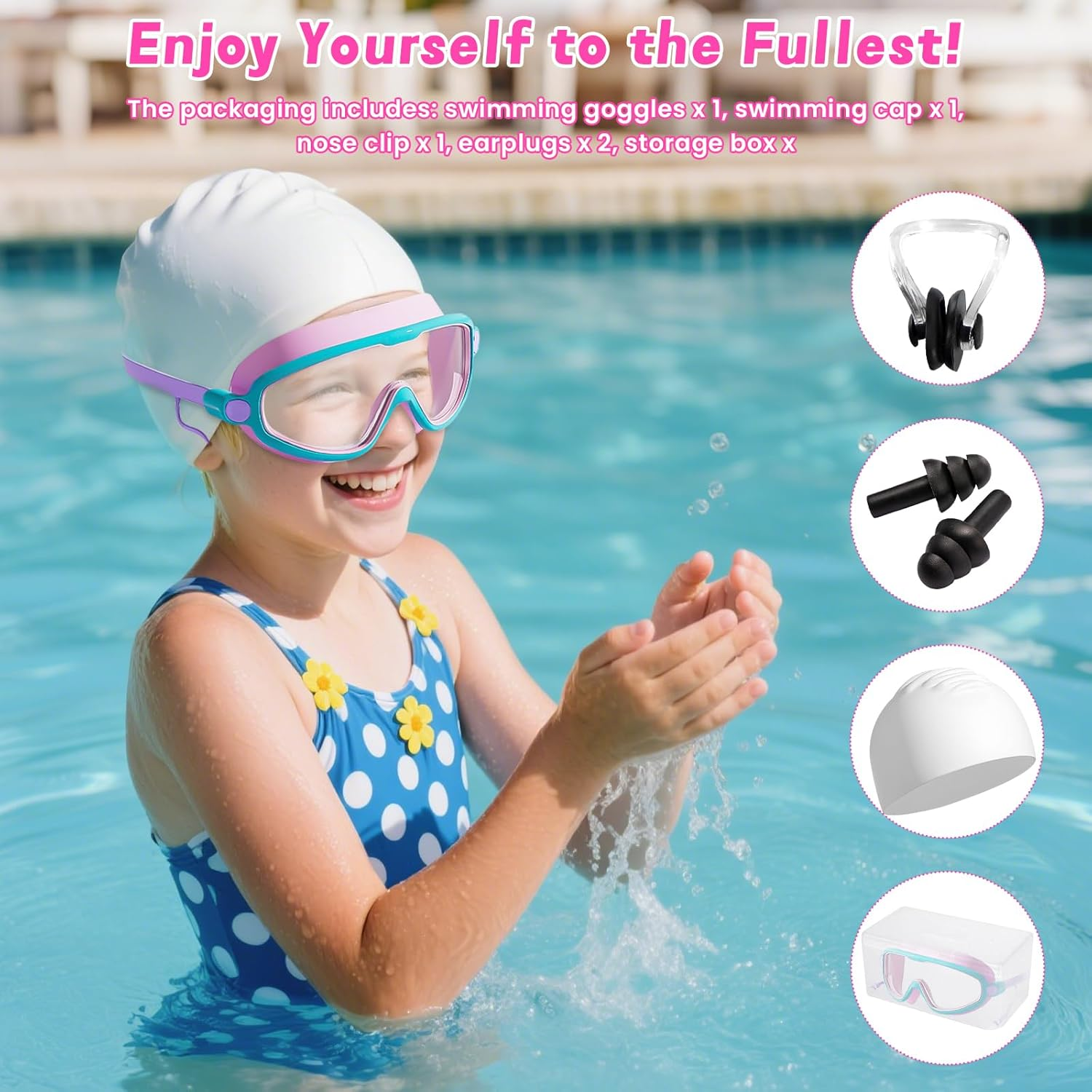 Pearyaest Kids Swim Goggles,Swimming Glasses Swim Cap Set for Children and Early Teens from 3 to 15 Years Old,With Earplugs,Silicone Frame,Strap with Adjustable Buckle,Wide Vision,Anti-Fog image number 3