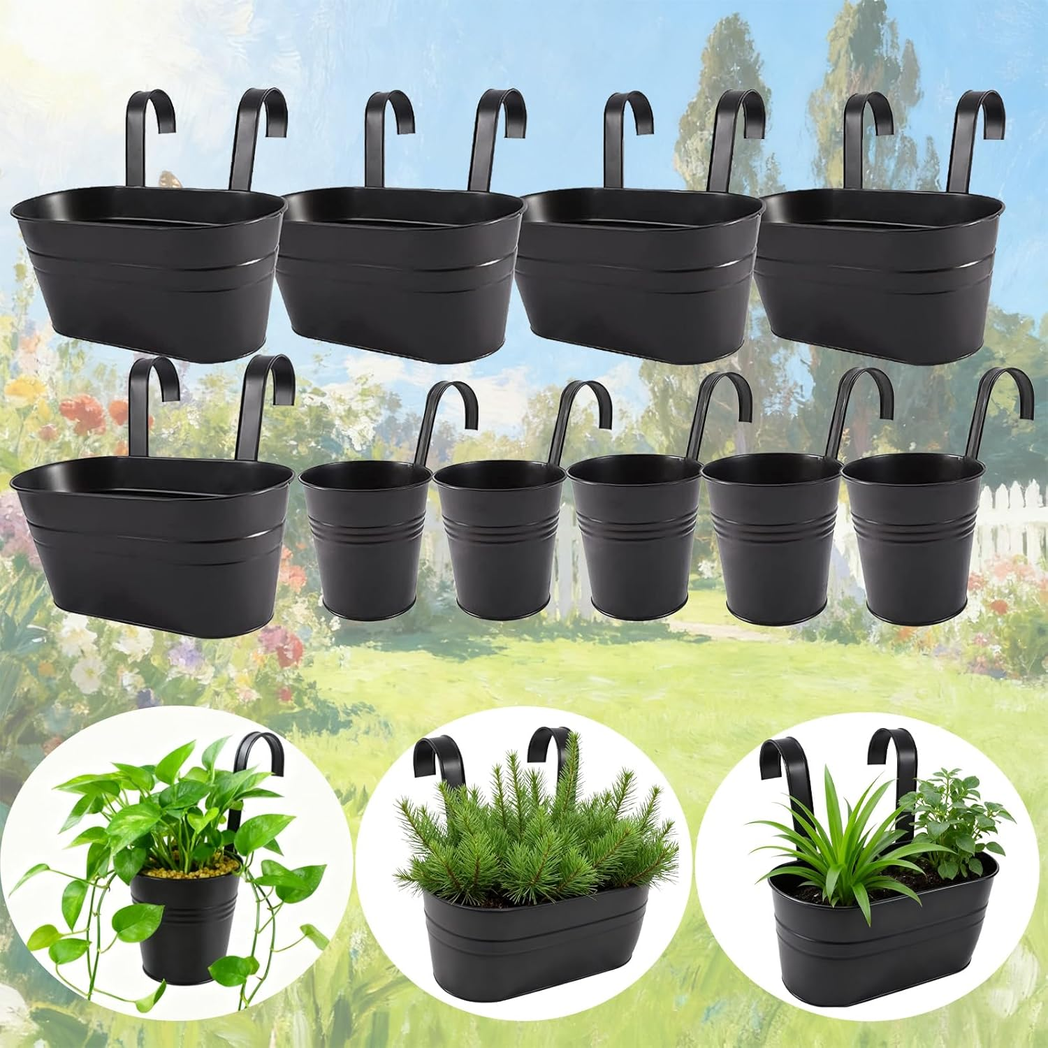 10.5 Inch Rust-Resistant Iron Suspended Planters with Railing Mount for Rustic Style Window Plant Holder Featuring Detachable Hooks, Easy to Install for Patio and Garden, 10.5 Inch, Black, 5 Pack image number 4
