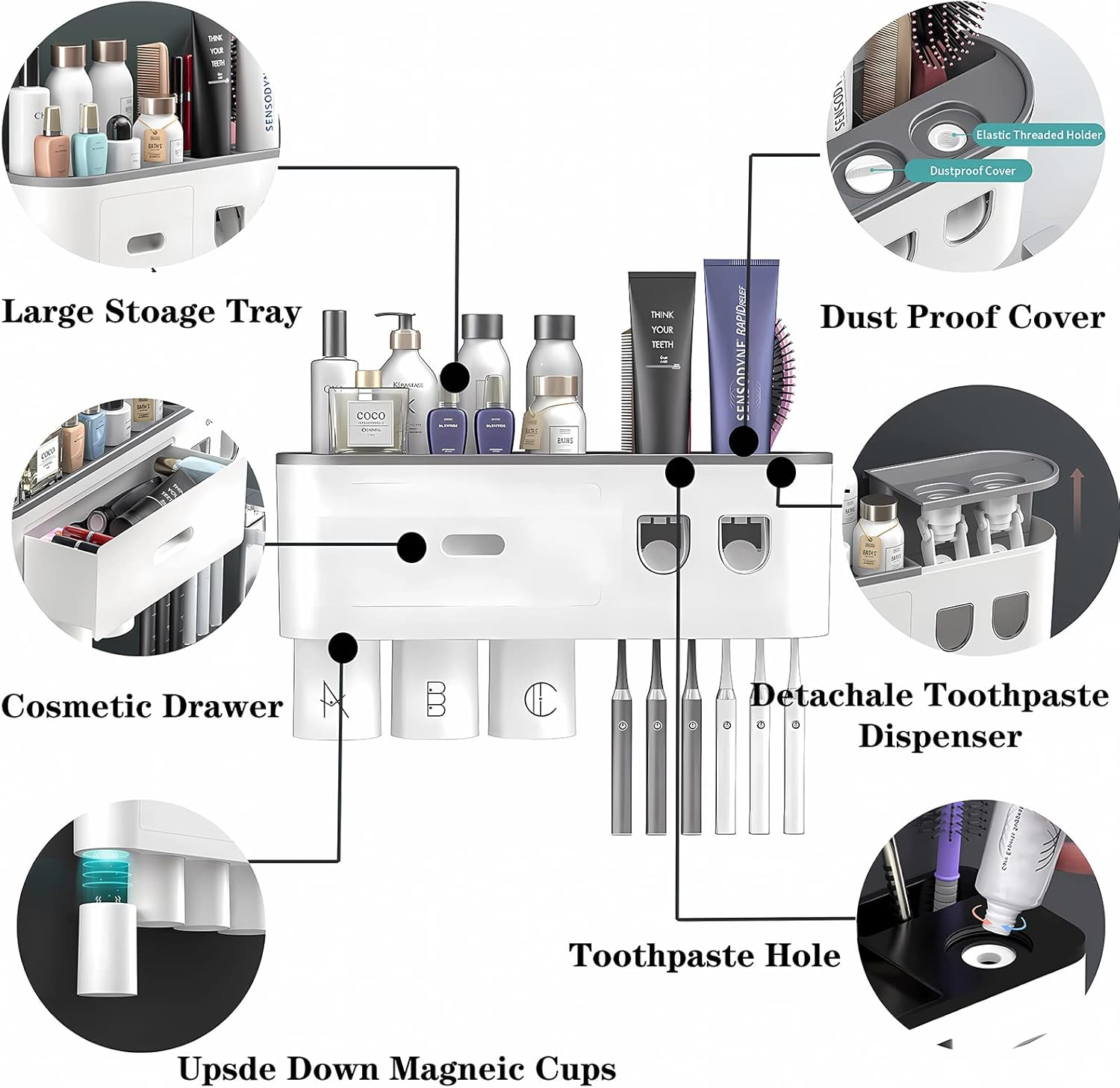 Hushnow Toothbrush Holder Wall Mounted,Double Automatic Toothpaste Dispensers with 6 Brush Slots 3 Magnetic Cups 1 Cosmetic Drawer Organizer 1 Large Storage Tray,Grey Toothbrush Holder Set - 3 Grey image number 2