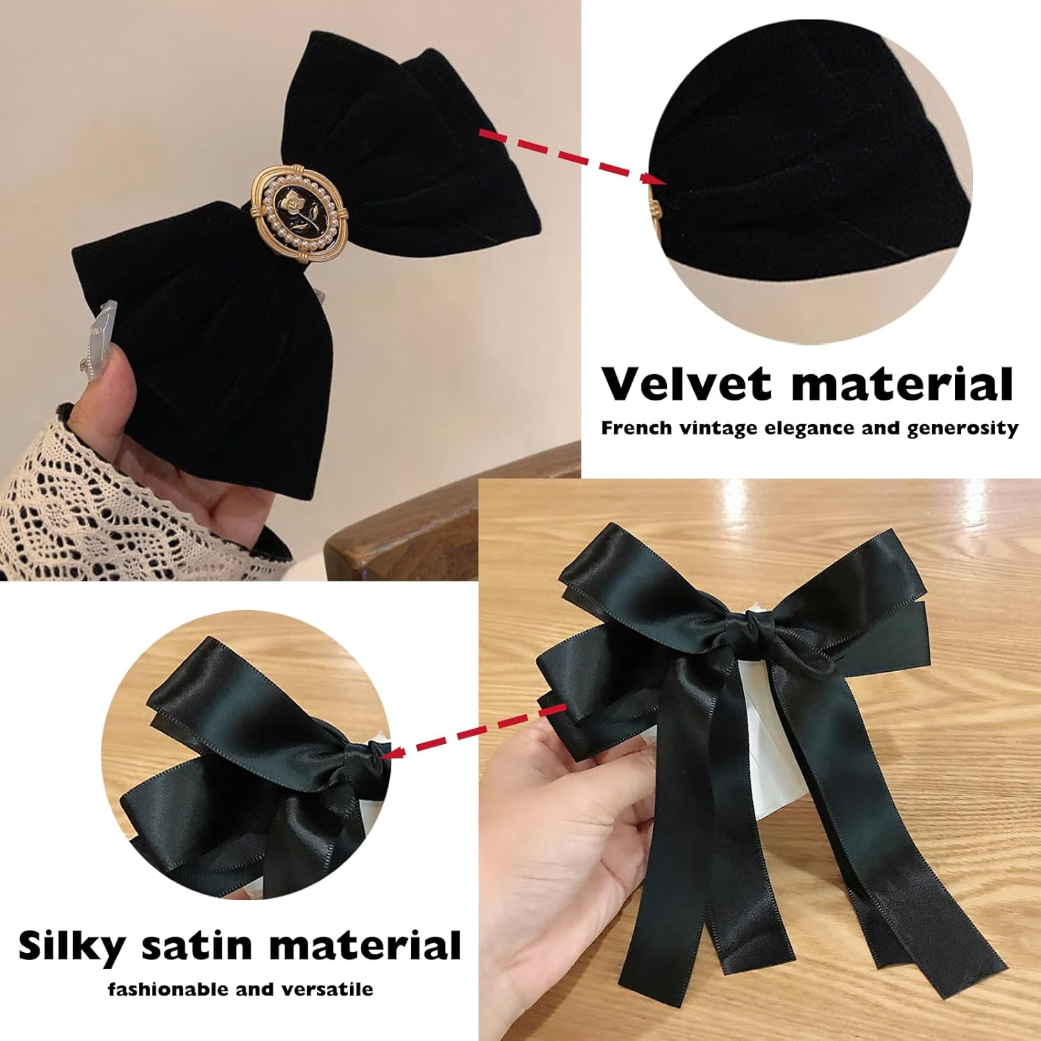 KASESSS 2 Velvet Hair Bow, 2 Silky Satin Hair Bow, Hair Bows for Women Girls, Red Black Bow Hair Clip, Vintage Bows for Hair, Big Bowknot Hairpin, Hair Bow Clip, Solid Color French Barrette Hair Clip image number 5