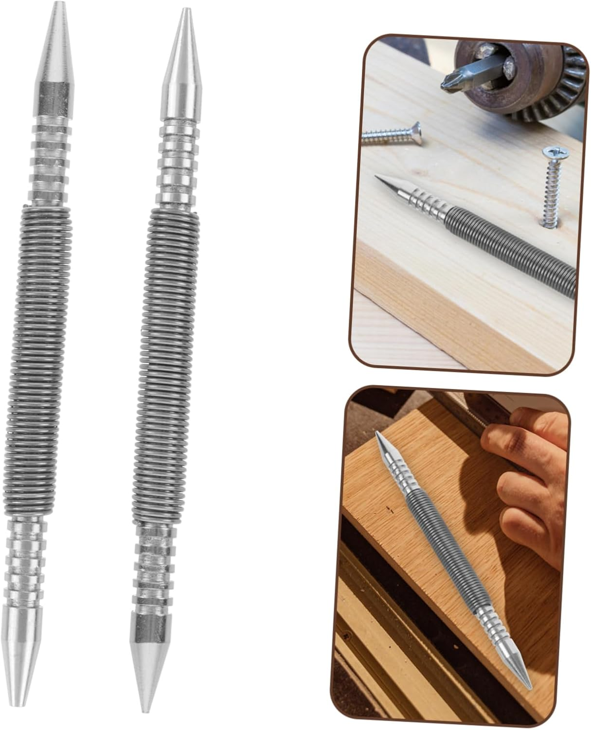 Anneome 2Pcs Spring Nail Punch Set Dual Head Spring Loaded Center Punch for Wood Metal Glass Hammerless Carbon Steel Nail Tool for Precise Marking
