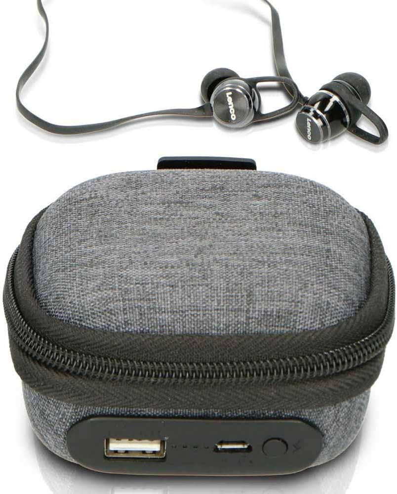 LENCO EPB-160 - Front Headset for Sports with HOUSING POWERBANK Included - SWEATPROOF Bluetooth Earbuds Including POWERBANK CASE - Black
