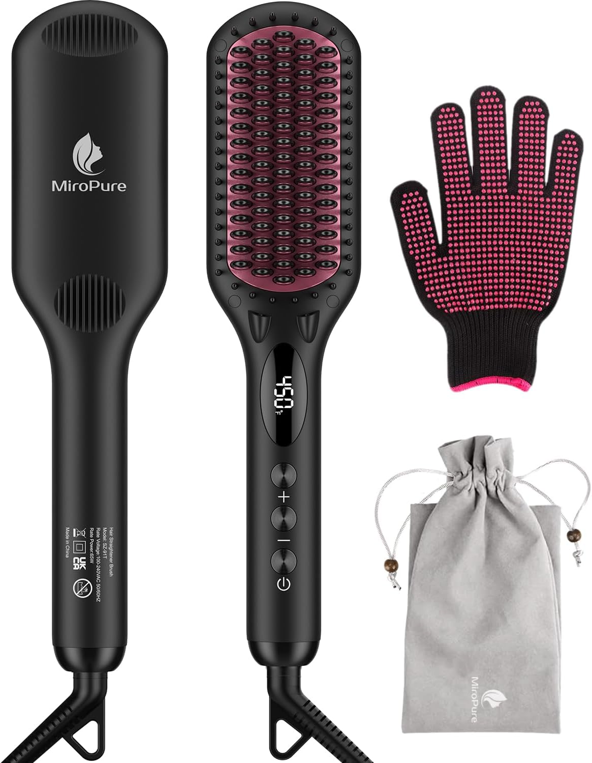 Miropure 2 in 1 Ionic Hair Straightener Brush with Heat Resistant Glove and Temperature Lock Function (Black) image number 2