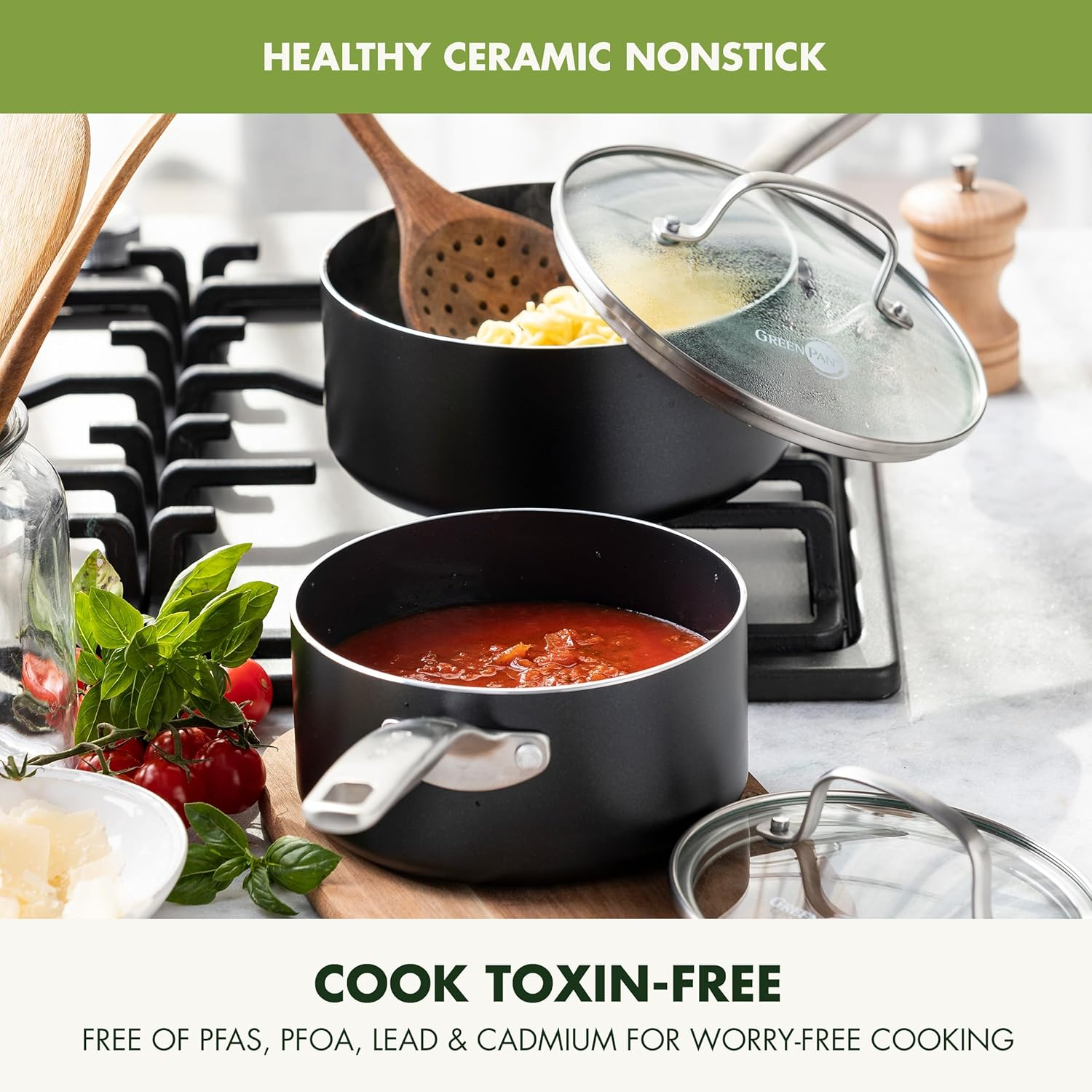 Greenpan Prime Chatham 1QT & 2QT Saucepan Pot Set with Glass Lids, Hard Anodized Diamond Infused Ceramic Nonstick, Pfas-Free, Dishwasher Safe, Oven Safe, Multipurpose Chefs Pan, Stay-Cool Handle,Black image number 2