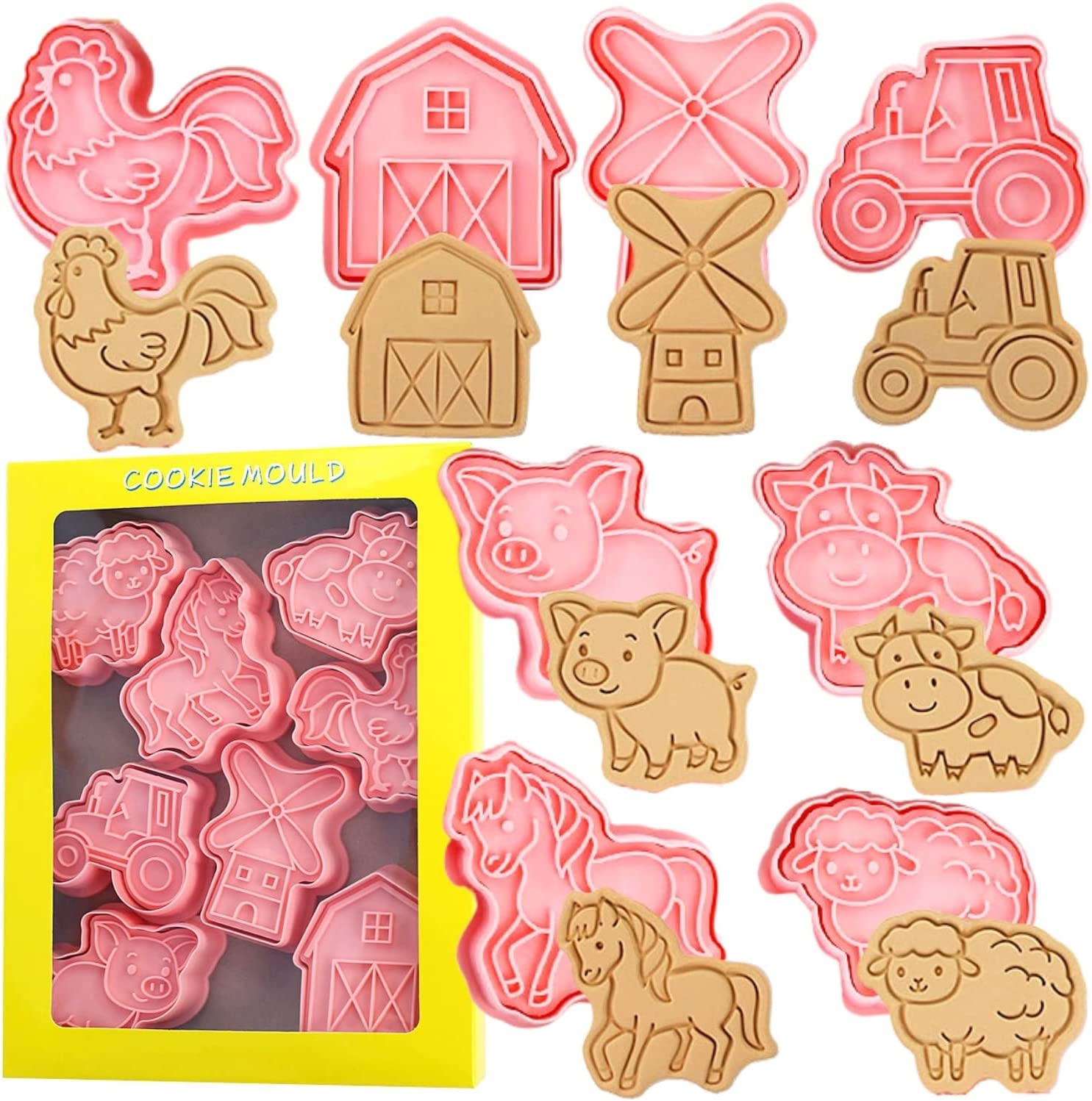 Crethinkaty Farm Animal Cookie Cutter Set-8 Plastic Cookie Stamp- Farm Animal Theme Fun Cookie Mold, Children'S Baking Set.