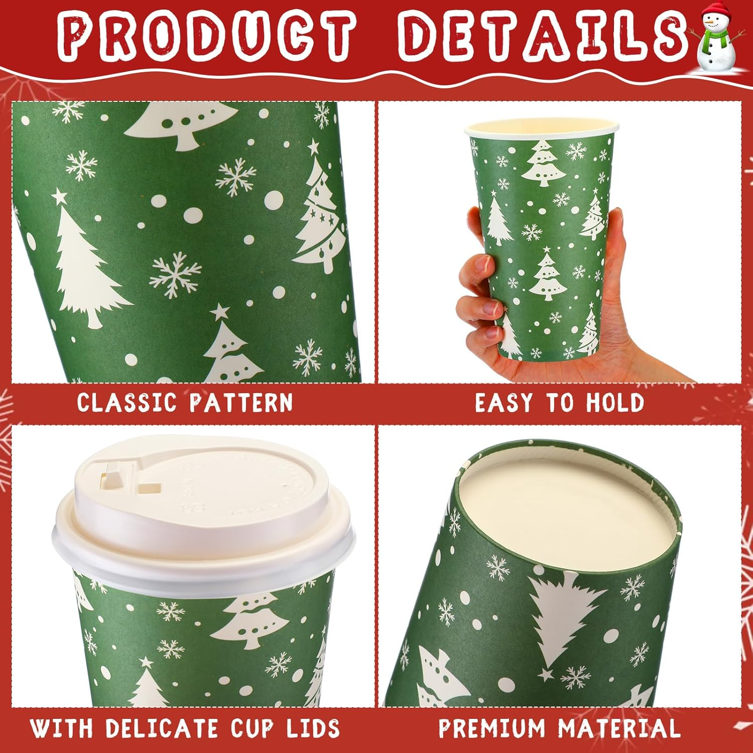 Zhehao 100 Pcs Christmas Paper Cups with Lids 16 Oz Disposable Hot Chocolate Cups Xmas Hot Cocoa Party Supplies for Coffee Tea Water Hot Cold Beverages image number 4
