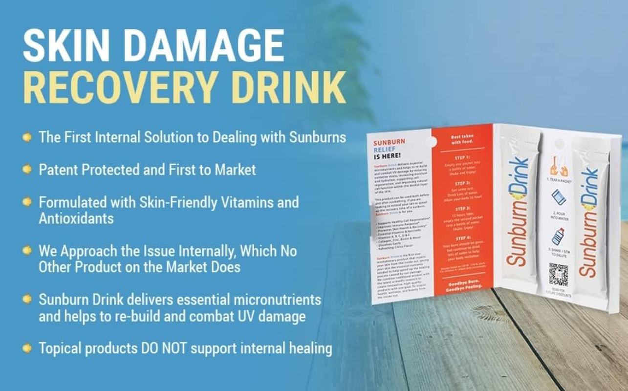 Sunburn Drink - Twin Pack - after Sun Skin Care - Supports Healthy Skin from the inside Out -Promotes Hydration - Sun Damage Support - Mix with Water - Travel Size