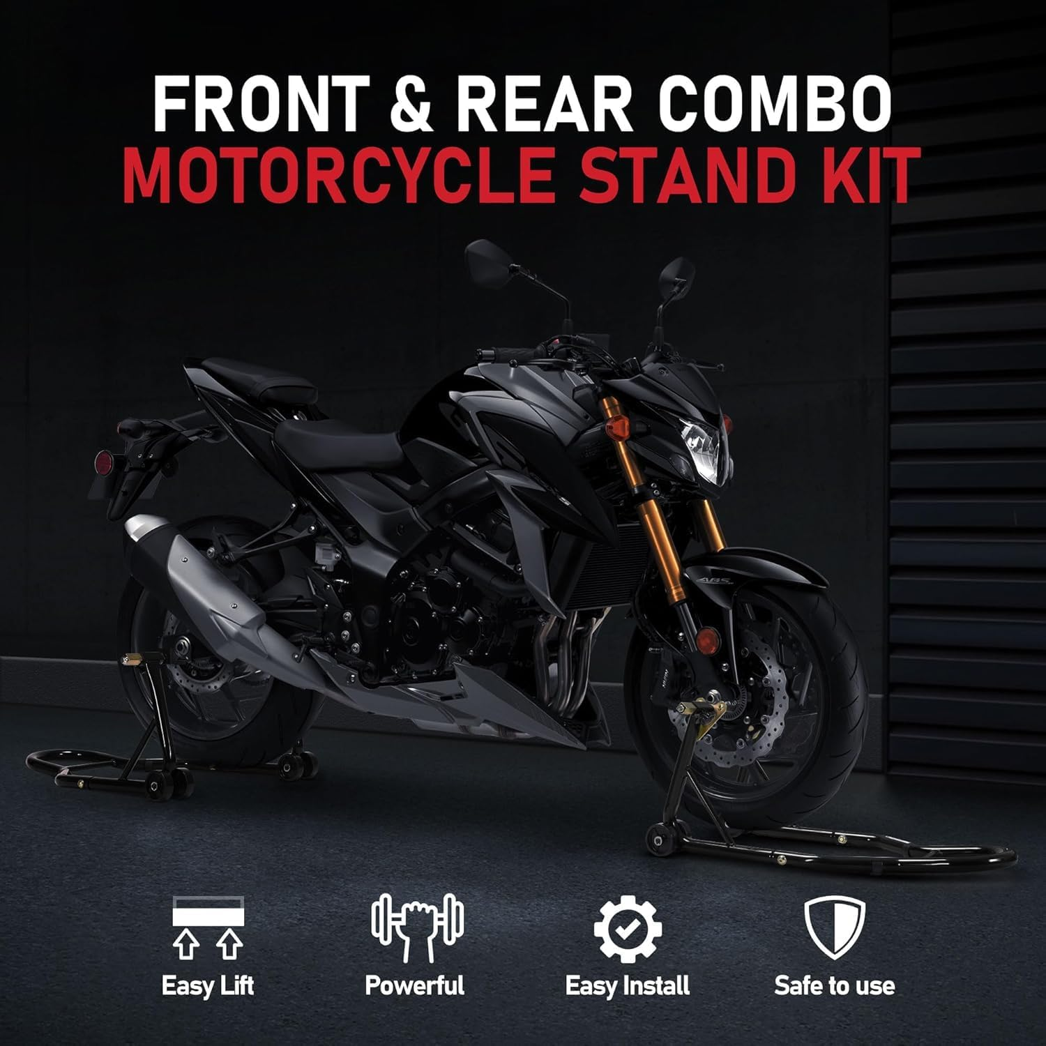 Motorcycle Stands, 400Kg Capacity Front Rear Wheels Lift Combo with U+L Adjustable Swingarm Spool, Heavy Duty Paddock Stands for BMW Suzuki Yamaha Honda Kawasaki, Black image number 2