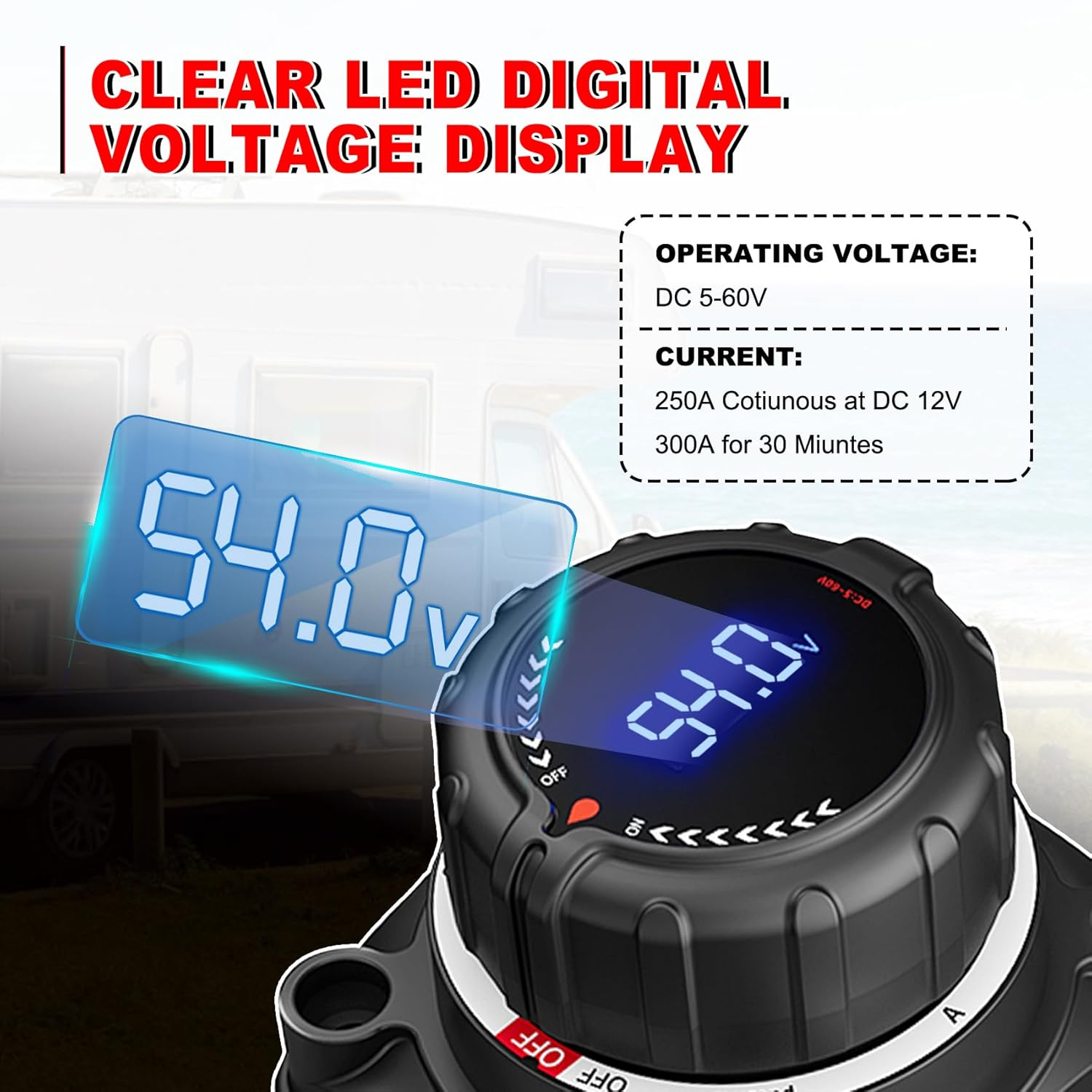 Upgrade Battery Disconnect Switch with Digital Voltage Display, DC 5-60V, Power Master Isolator Cut off Switch for Car Truck Marine Boat RV Camper Trailer, Black (On/Off) image number 4