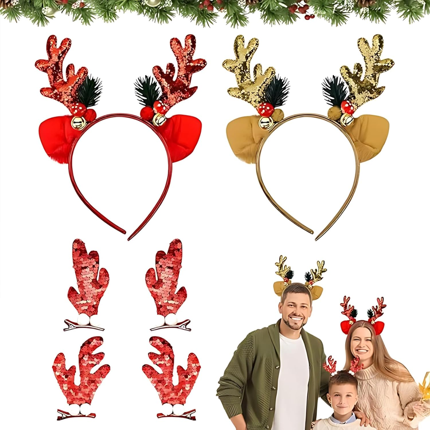 Itadaku 6 PCS Christmas Headbands for Women and Girls, Reindeer Antler Decorative Hairbands for Holiday Parties and Festive Outfits image number 3