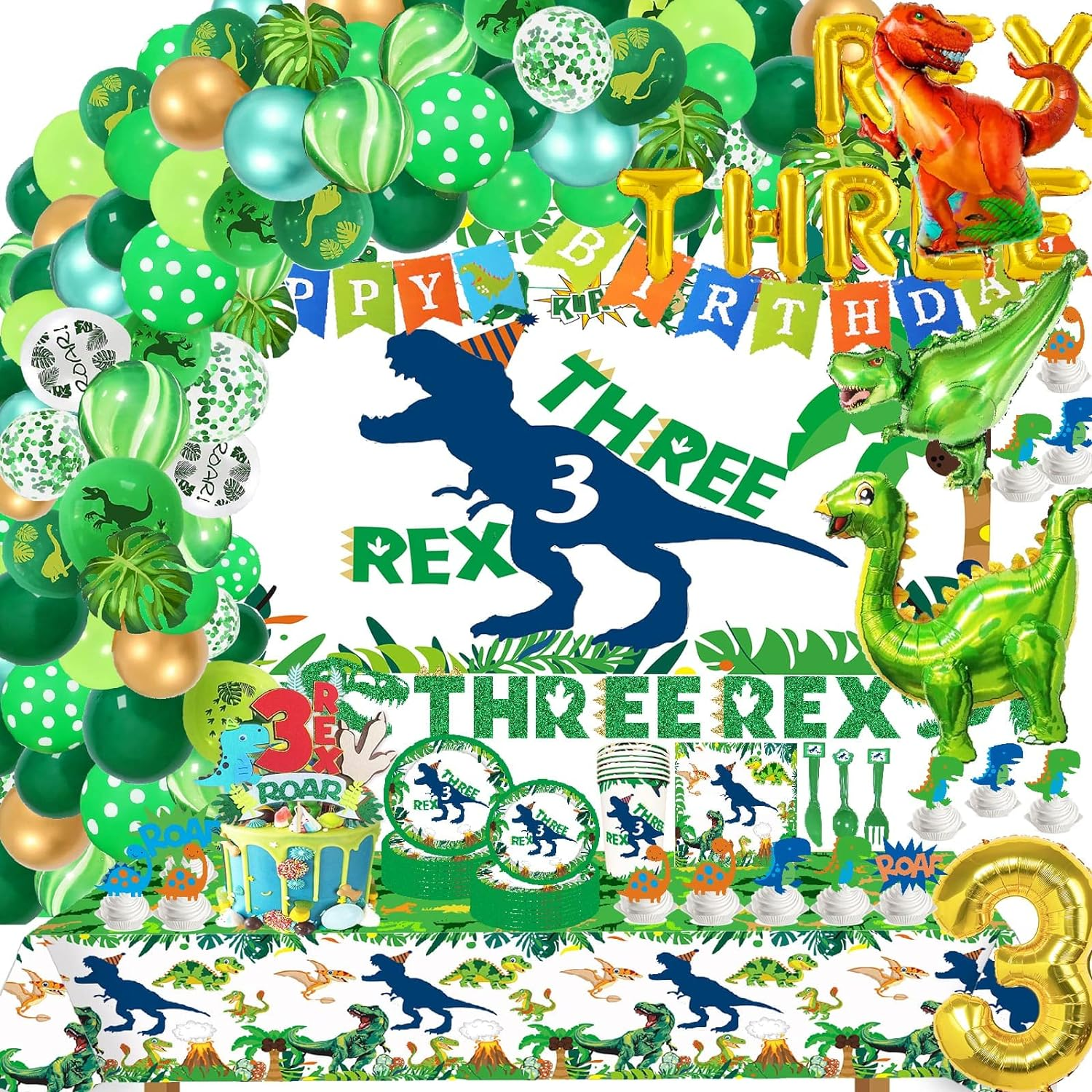 Three Inspired Rex Plates, Napkins and Cups - 130Pcs Dino Birthday Party Decorations - Dinosaur Party Supplies for 3 Year Old Boy - Serve 30 Guests image number 4