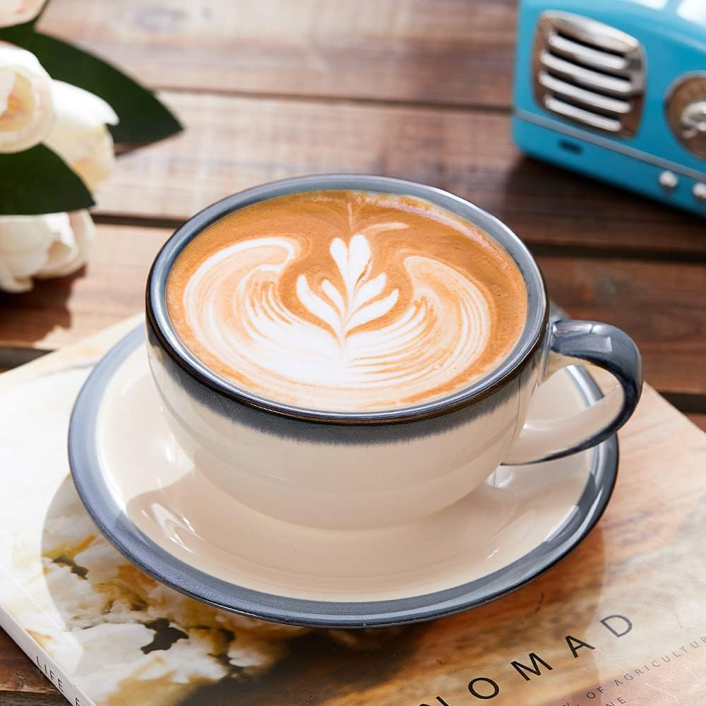 Coffeezone Vintage Design 12 Oz Ceramic Latte Art Cappuccino Barista Cup with Saucer (Beige)