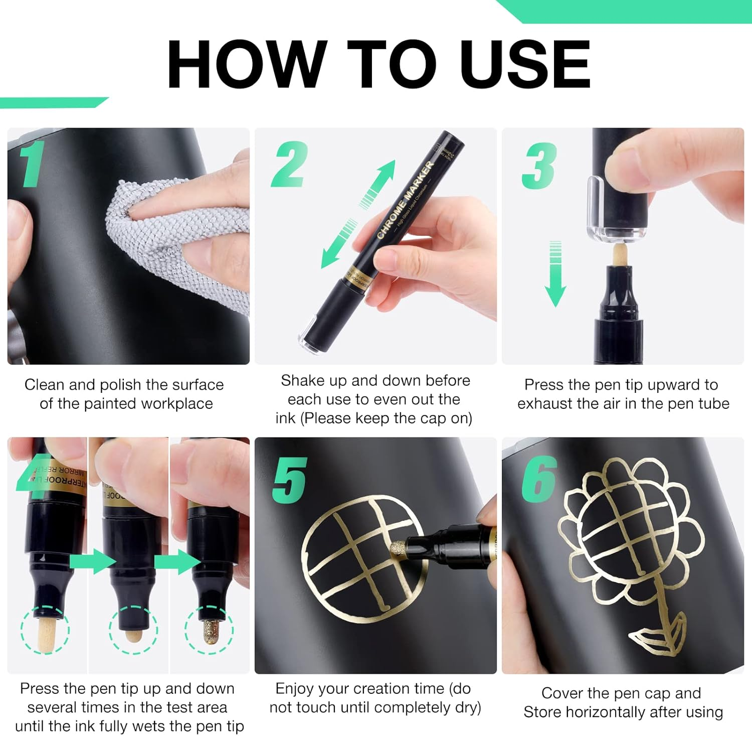 KERIFI Liquid Gold Chrome Markers, Supper Golden Metallic Paint Pens, Reflective Gloss Permanent Mirror Markers for Model Repairing, Resin Metal Glass Plastic, DIY Art Projects Crafts (5 Pack, 1-3Mm) - Silver image number 7