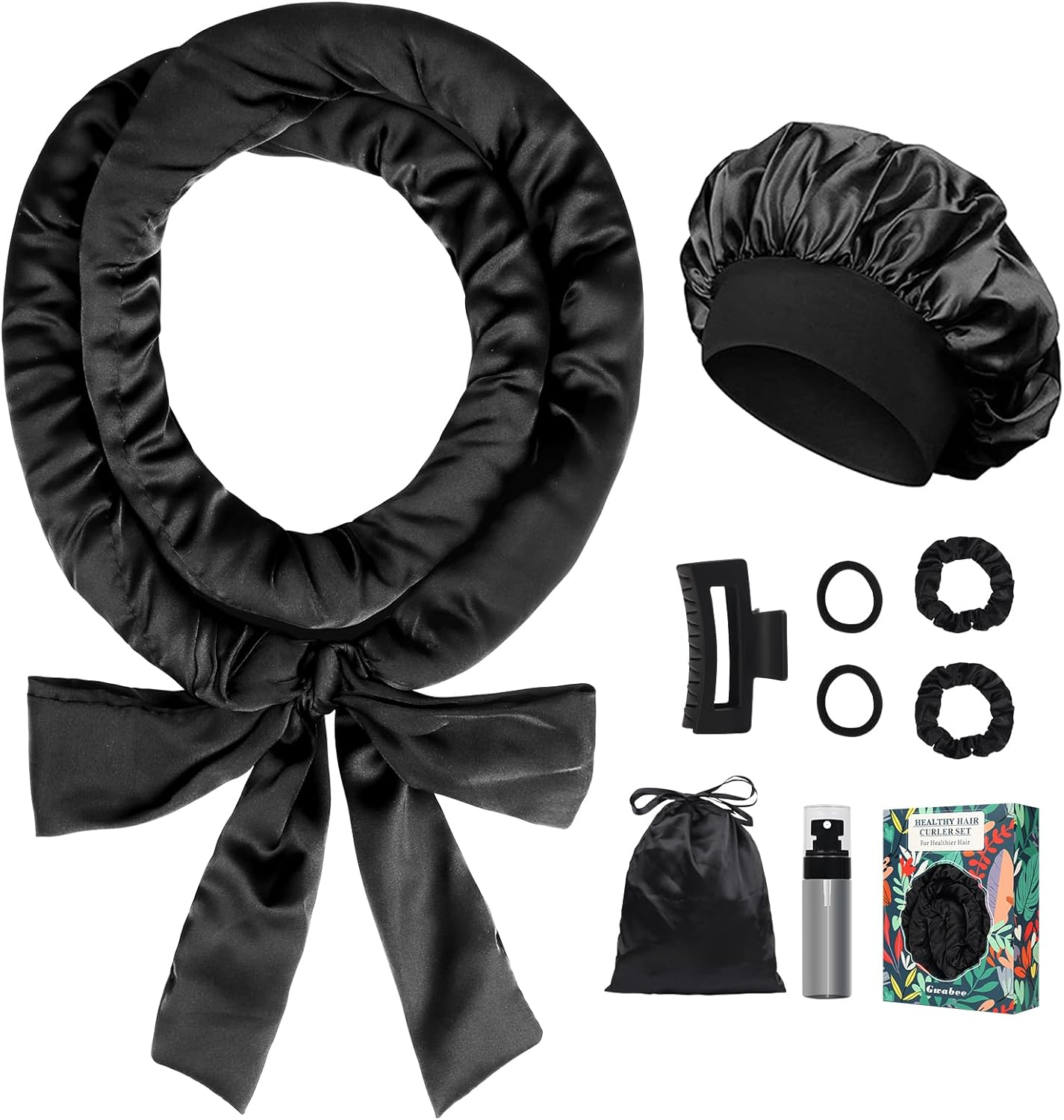 Gwabee Heatless Curls Overnight Hair Curlers to Sleep in Satin Hair Curler Rollers No Heat Hair Wrap for Curls Headband, 70" Satin Heatless Curling Rod Set for Women Long Waves Hair Volume -Black 9PCS