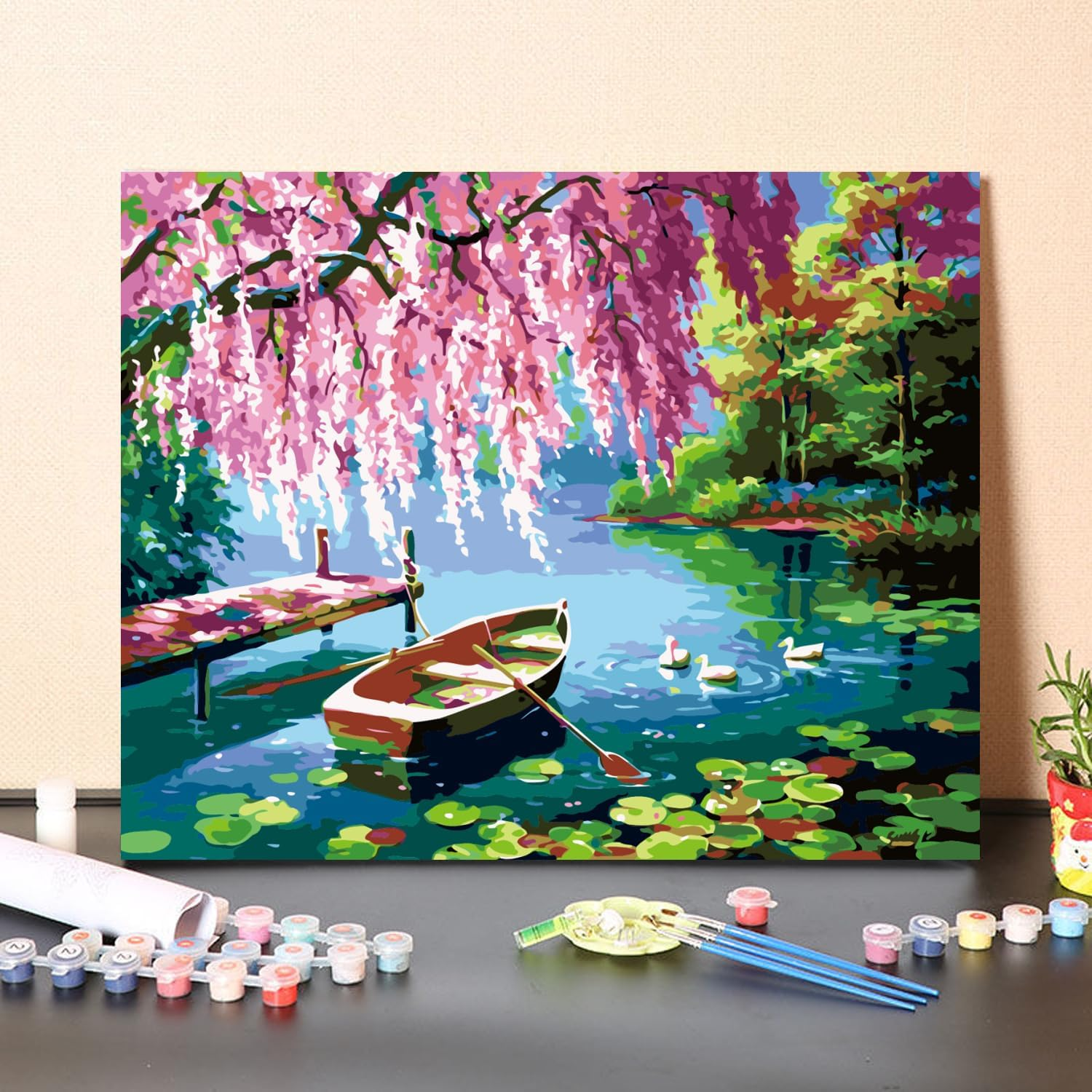 HAPPINNO Paint by Numbers Kit，Paint by Numbers for Adults， DIY Acrylic Painting Set for Adults & Kids, Easy Beginner Art, Home Wall Decor & Unique Gift, 16"X 20" Colorful Pond View (No Frame) - Owl image number 4