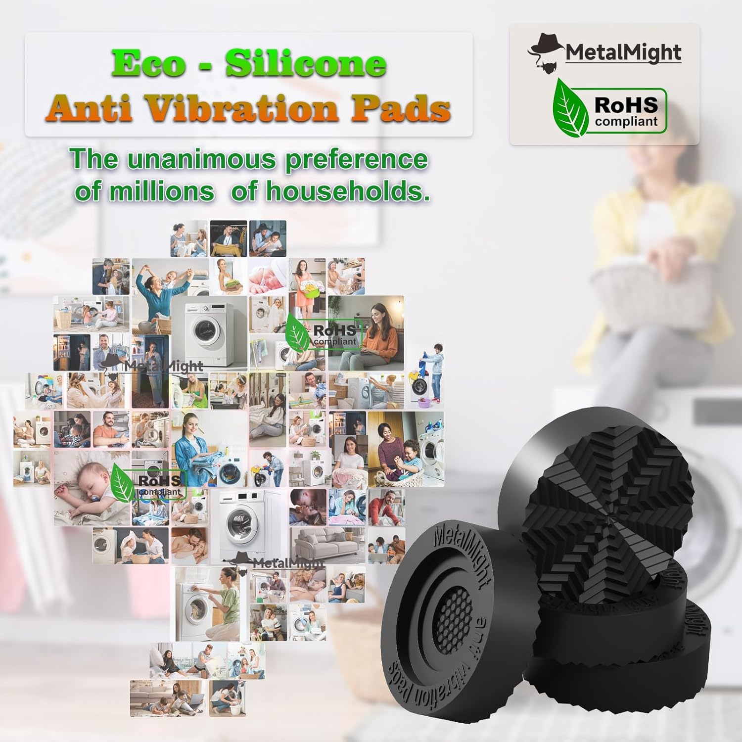 Metamight Universal Anti-Vibration Pads for Washing Machine,2.8" Dia,4-Pack.Eco-Silicone,Rohs-Certified. Sturdy&Non-Slip,Great for Shock Absorption. Fit Fridge,Dryer,Dishwasher Legs Stabilizer Damper image number 3