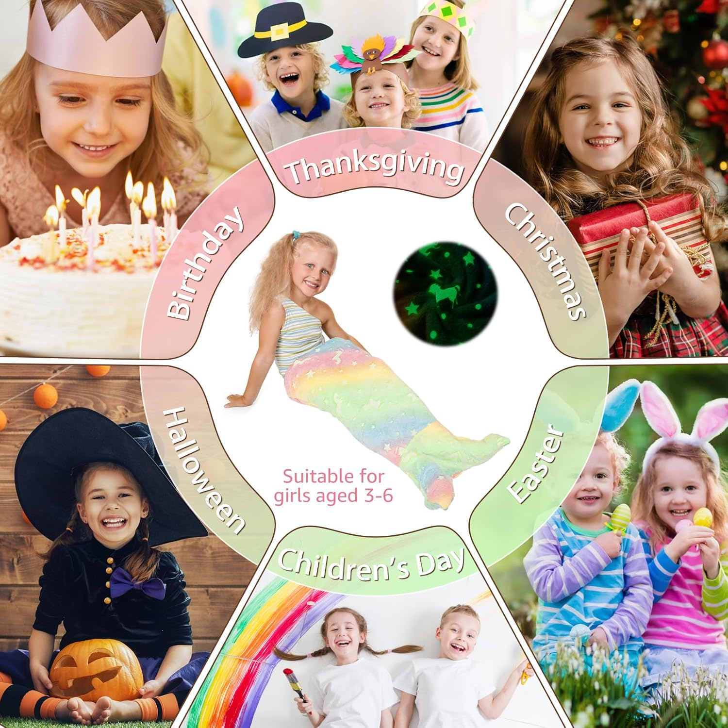 Kids Mermaid Tail Blanket, Soft Luminous Mermaid Blanket Flannel Girls Mermaid Toys Colorful Snuggle Blanket Soft Sofa Blanket Mermaid Sleeping Bag with Double Stitching (Style 1) image number 1