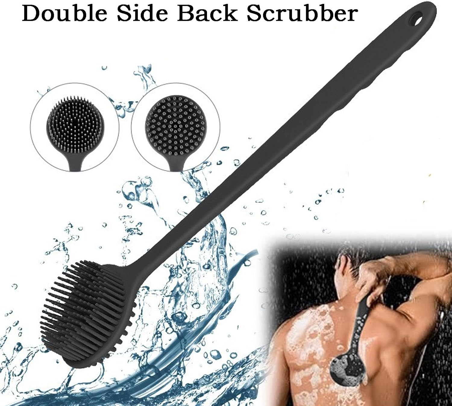 Silicone Back Scrubber with Long Handle & Polygonal Silicone Body Scrubber & round Exfoliator Back-Scrubber Set, Shower Brush, Body Brush Combination, with 2 Hook