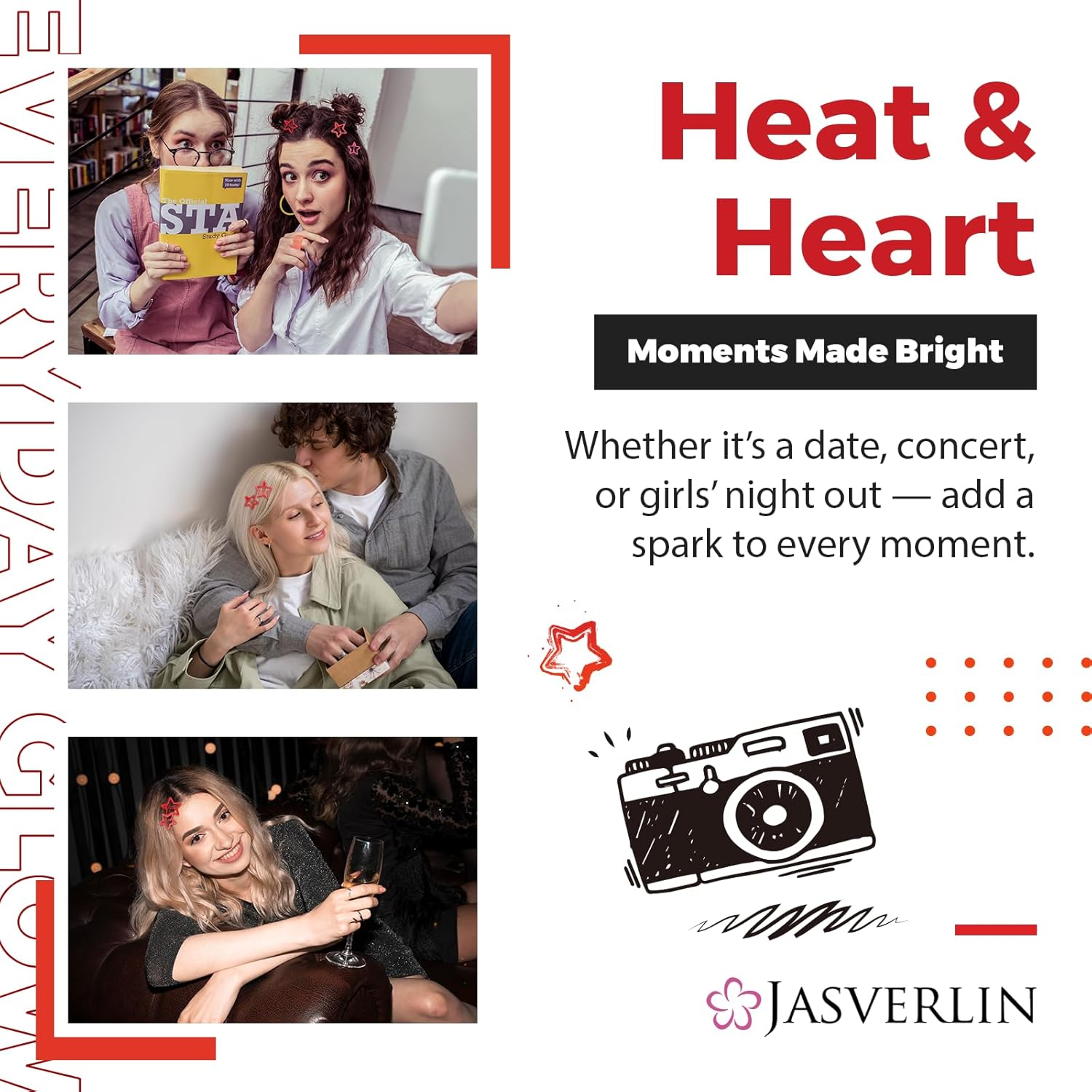 JASVERLIN 36 Pcs Red Star Hair Clips Accessories for Women Girls, Y2K Kawaii Thin Thick Cute Colorful Metal Snap Barrettes for Rave Glitter Hairclips Mixed Sizes image number 6