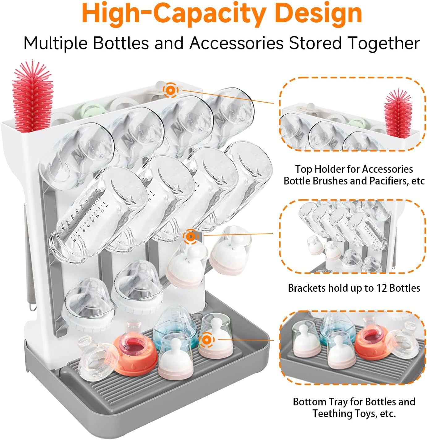 Sluxjet Baby Bottle Drying Rack, Space Saving Vertical Baby Bottle Storage Travel Bottle Brush and Large Capacity Drying Rack for Countertop Kitchen Organize Bottles and Baby Accessories, Gray image number 3