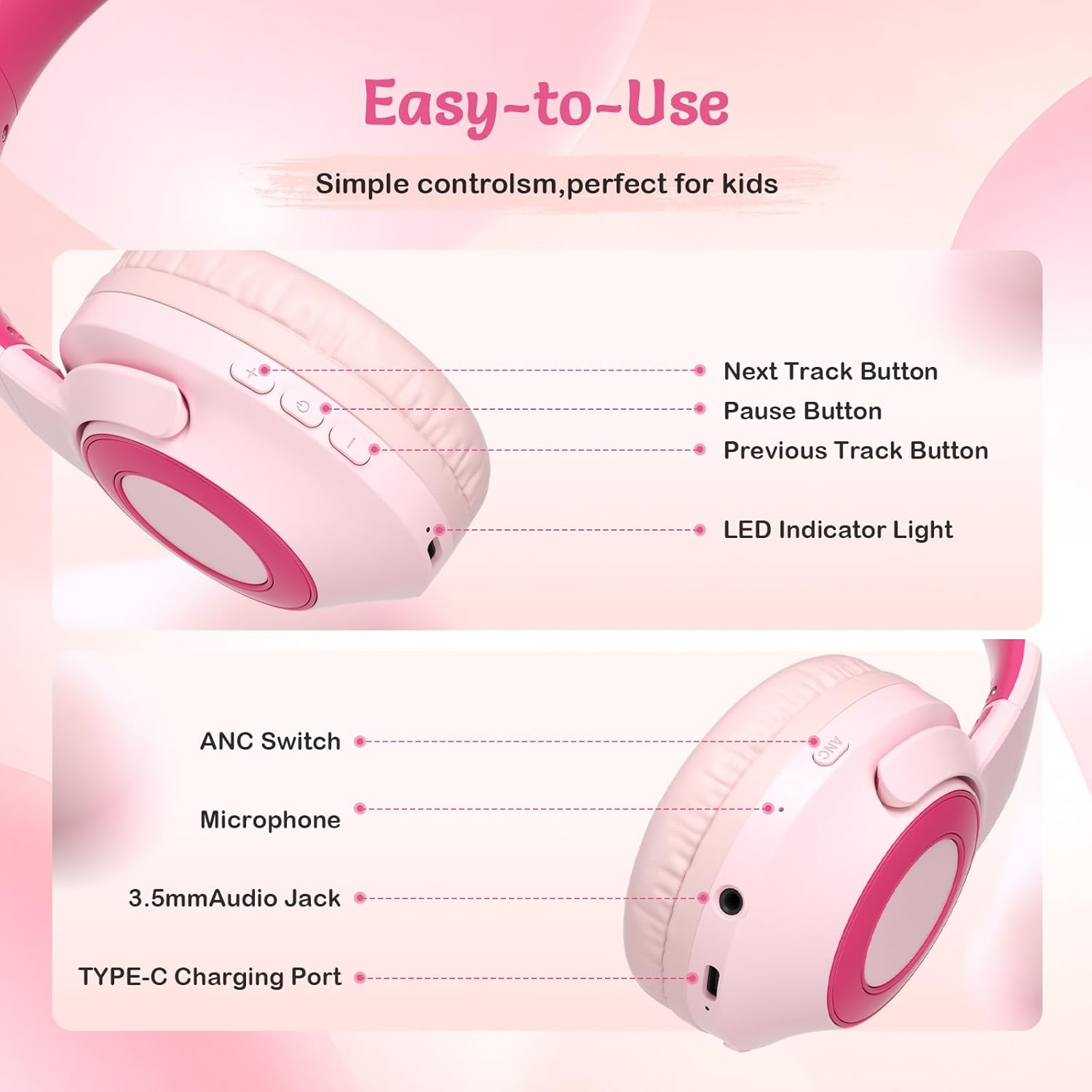 TONOSHARK Kids Headphones Wireless Lightweight, Active Noise Cancelling Headphones for Kids, 60H Playtime, Bluetooth Over-Ear Headset for Home/School/Travel - Includes Portable Case (Pink) image number 5