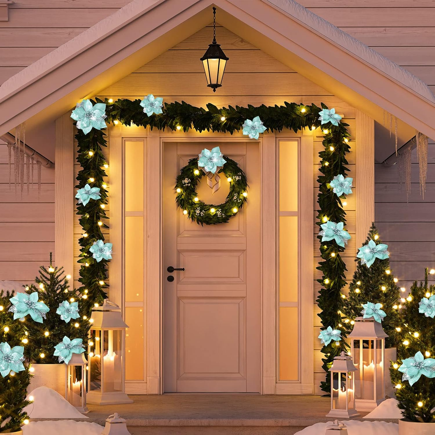 WILLBOND 36 Pieces Christmas Poinsettia Glitter Faux Flowers Christmas Artificial Flowers Tree Ornaments Topper Xmas Decorations(Blue-Green) image number 6