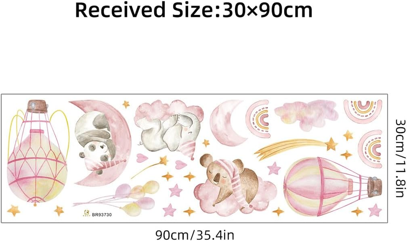 Pink Hot Air Balloon Elephant Panda Rainbow Wall Decals the Moon and Stars Nursery Wall Stickers Baby Girl Room Wall Decor