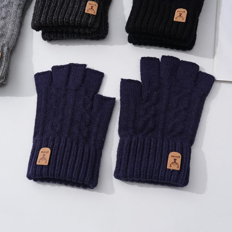 Fingerless Gloves 1 Pair Thermal Winter Gloves Warm Knitted Half Finger Gloves Mittens for Men Women Typing Driving Working (Black) image number 5