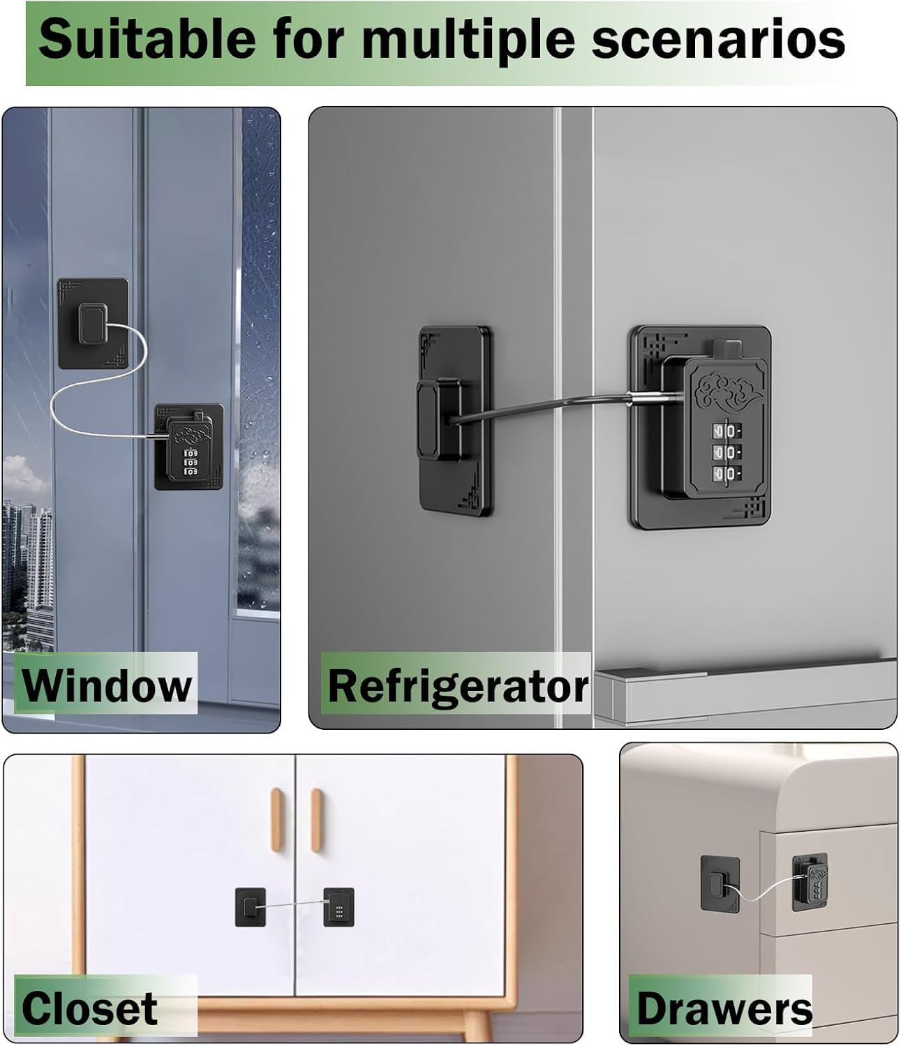 2 Pack Refrigerator Locks with 3-Digit Combination, Child Proof Cabinet Locks for Fridge, Freezer, Drawers, Closets & Windows, Easy Install Premium Safety Locks, Durable and Secure (Black)