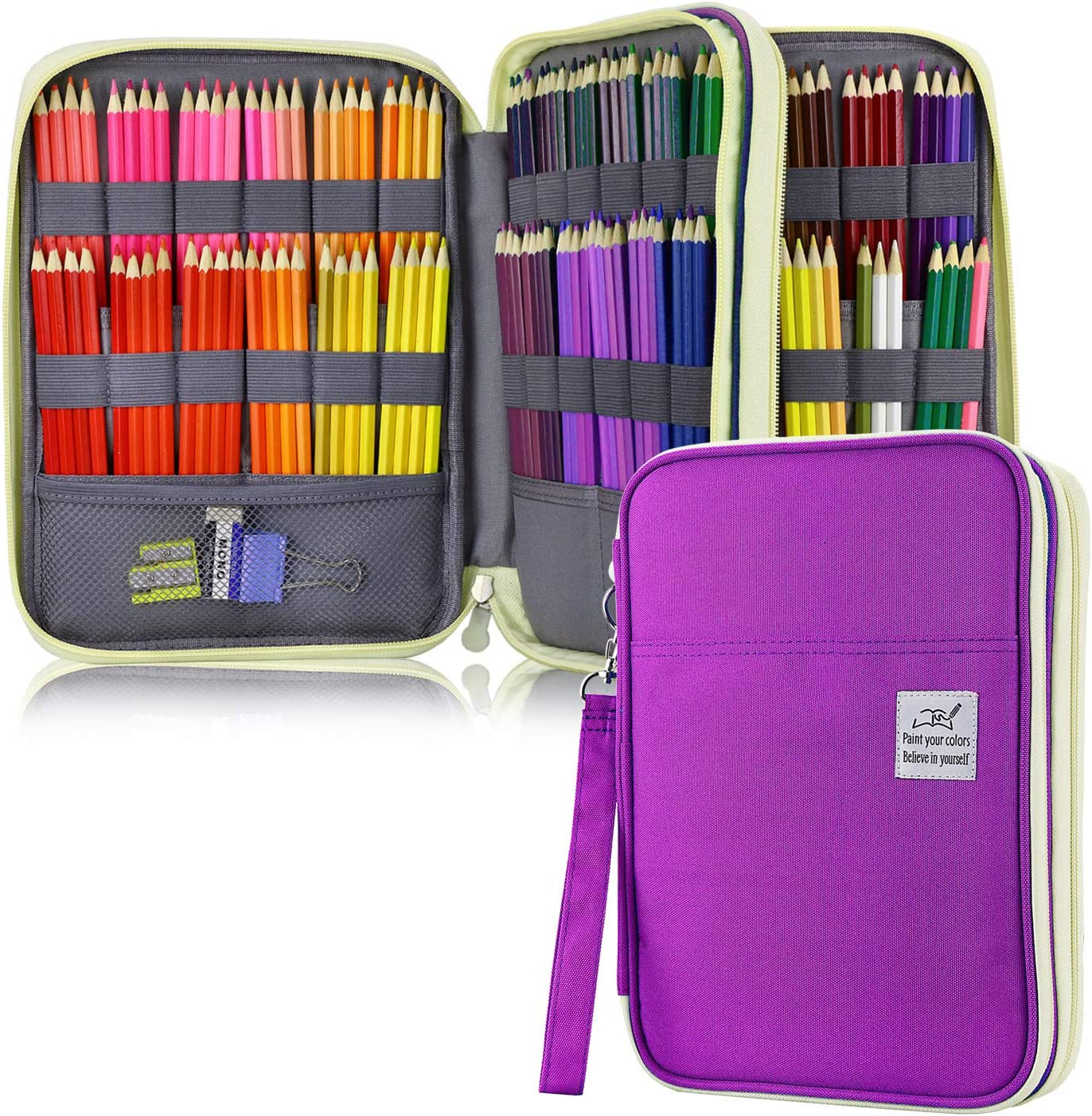 YOUSHARES Student Gel Pens&Markers Case Large Capacity Pencil Holder Pen Organizer Bag with Zipper for Prismacolor Watercolor Coloring Pencils ,192 Slots Colored Pencil Case (Purple) image number 5