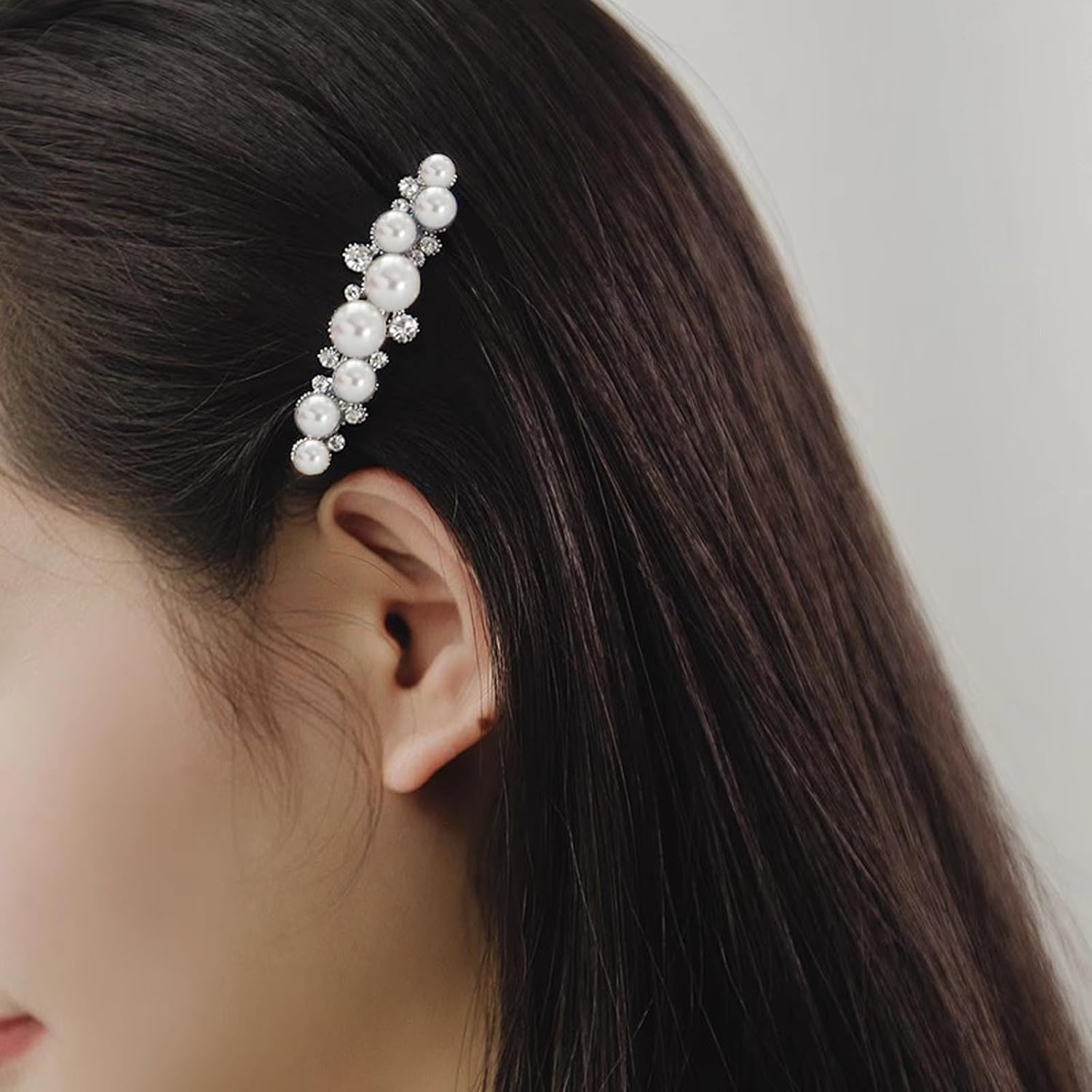 Enautoabs Silver Crystal Pearl Hair Clip Pearl Hair Clip Wedding Rhinestone French Crystal Barrettes Decorative Accessories for Women Headpiece image number 5