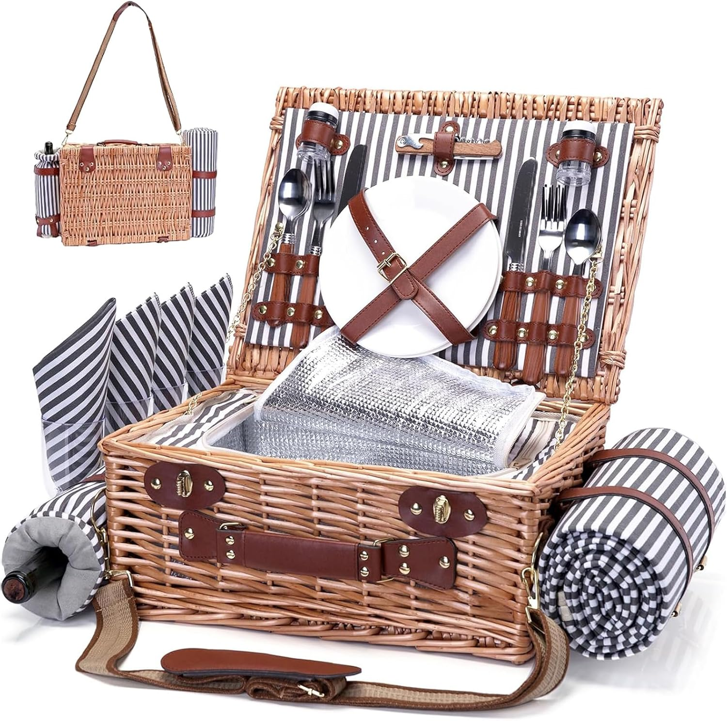 NUFECARG Picnic Basket, Wicker Picnic Basket Set with Blanket and Wine Pouch, Picnic Set with Cutlery Set for 4, Insulated Liner Cooler Bag Hamper, Ideal Gifts for Camping, Picnic, Travel and Beach image number 3